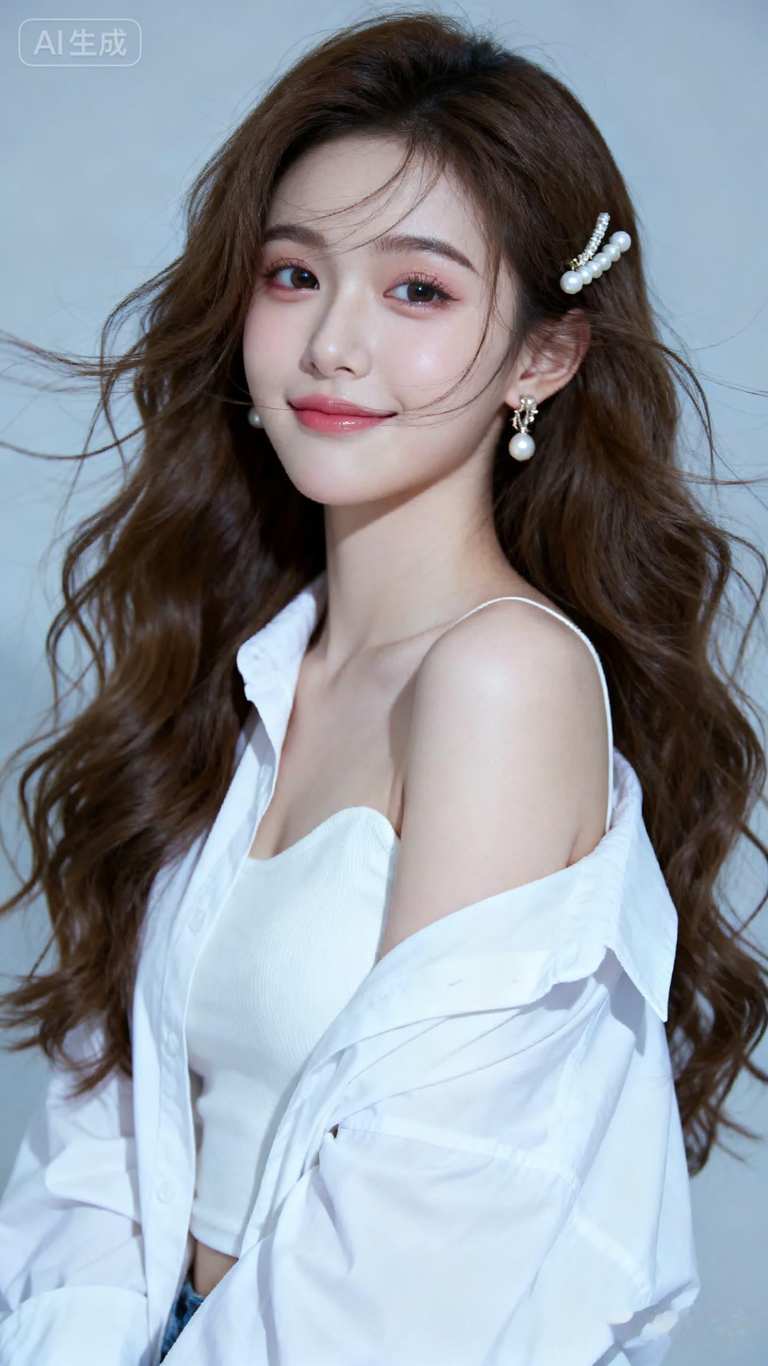 温柔甜美的少女，白色衬衫与珍珠耳环的搭配，尽显优雅气质。