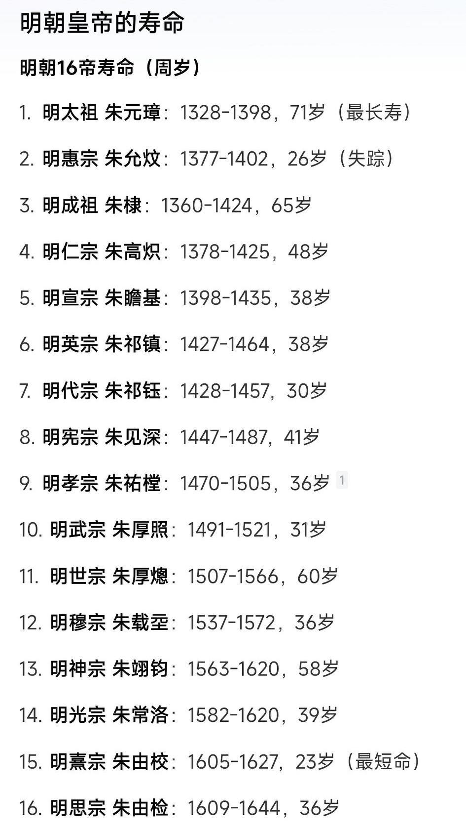 看到明朝皇帝的寿命，从明仁宗朱高炽之后，连续六代短命，其中五位没活过40岁。相