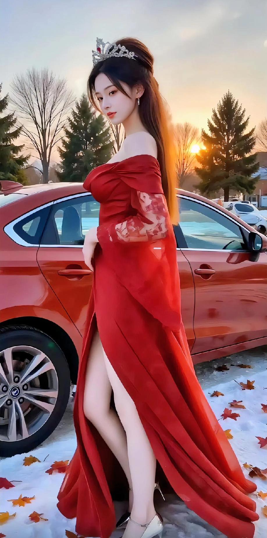 一袭红色长裙拖地，热烈似火又不失典雅，每一处褶皱都仿佛藏着浪漫的秘密。搭配上华丽