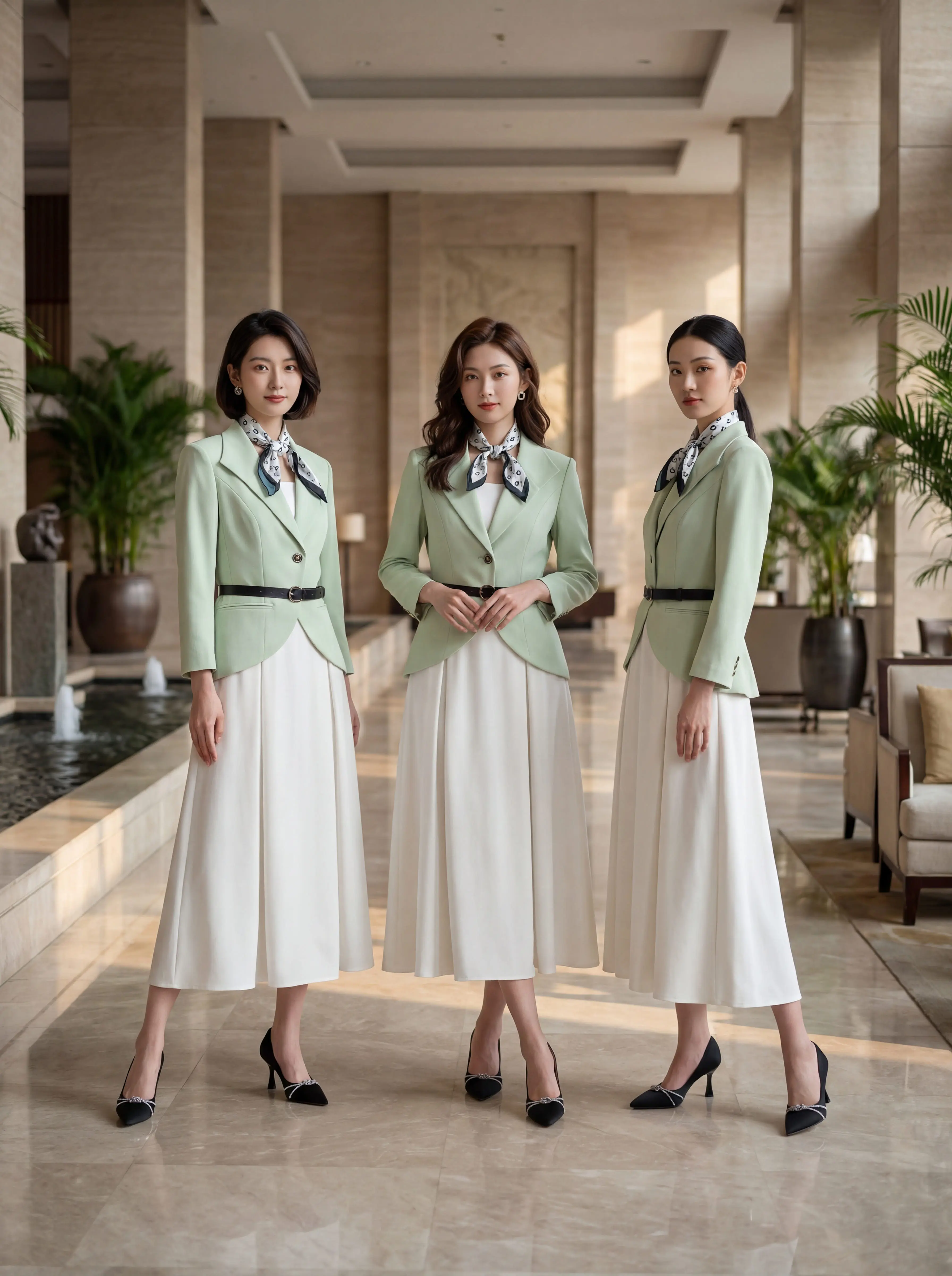 职场人必入的万能通勤套装！。浅绿西装：显白不挑皮，七分袖更清爽 白裙...