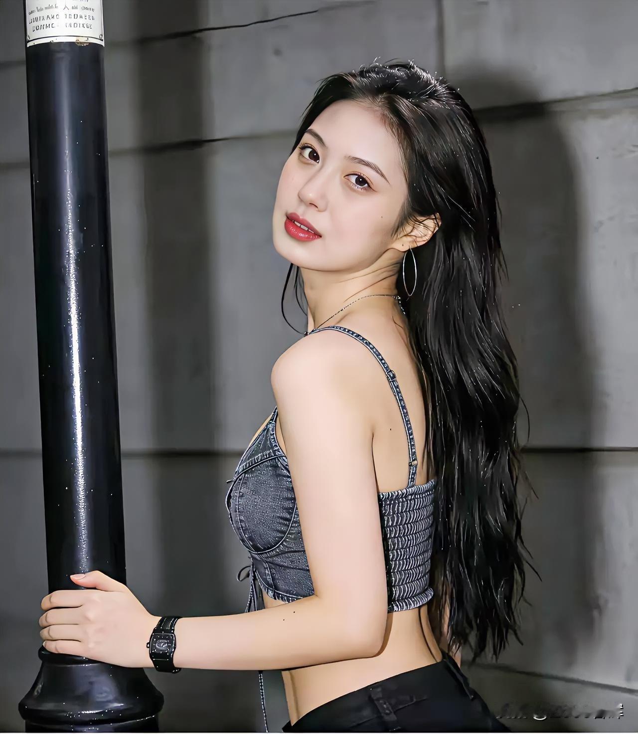黑发湿垂，牛仔露背，酷飒都市风。