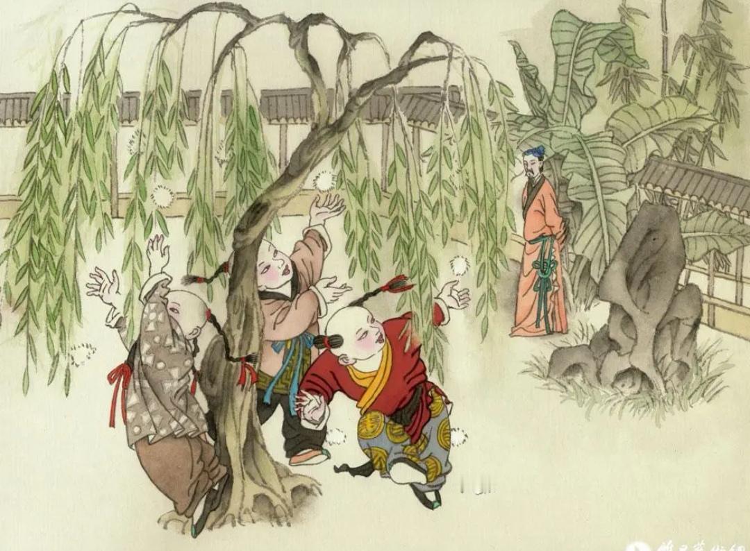 上联，？？？下联，闲看庭前捉柳花，玩童