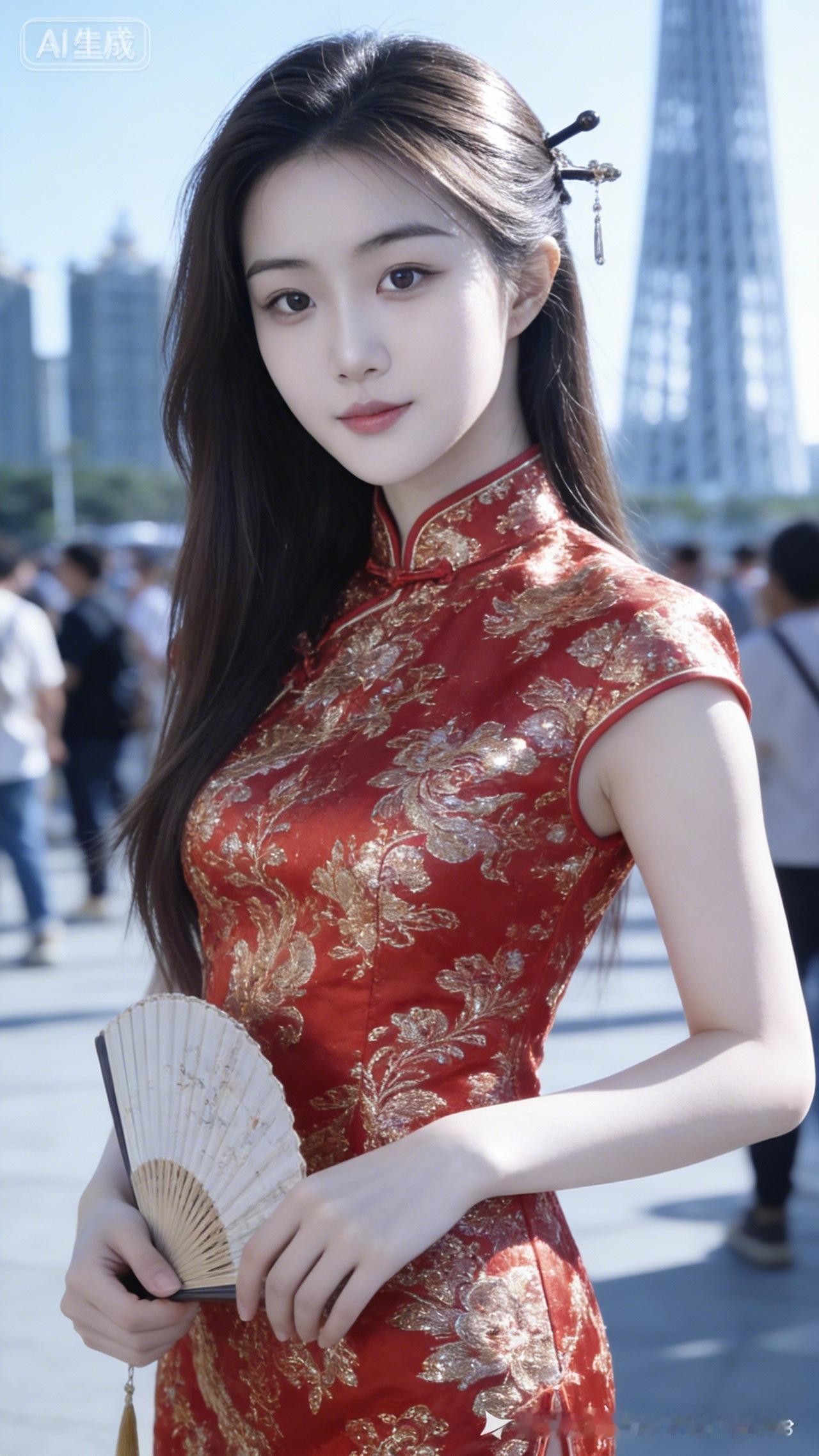 惊艳的旗袍，优雅的气质，手持折扇，尽显东方韵味。