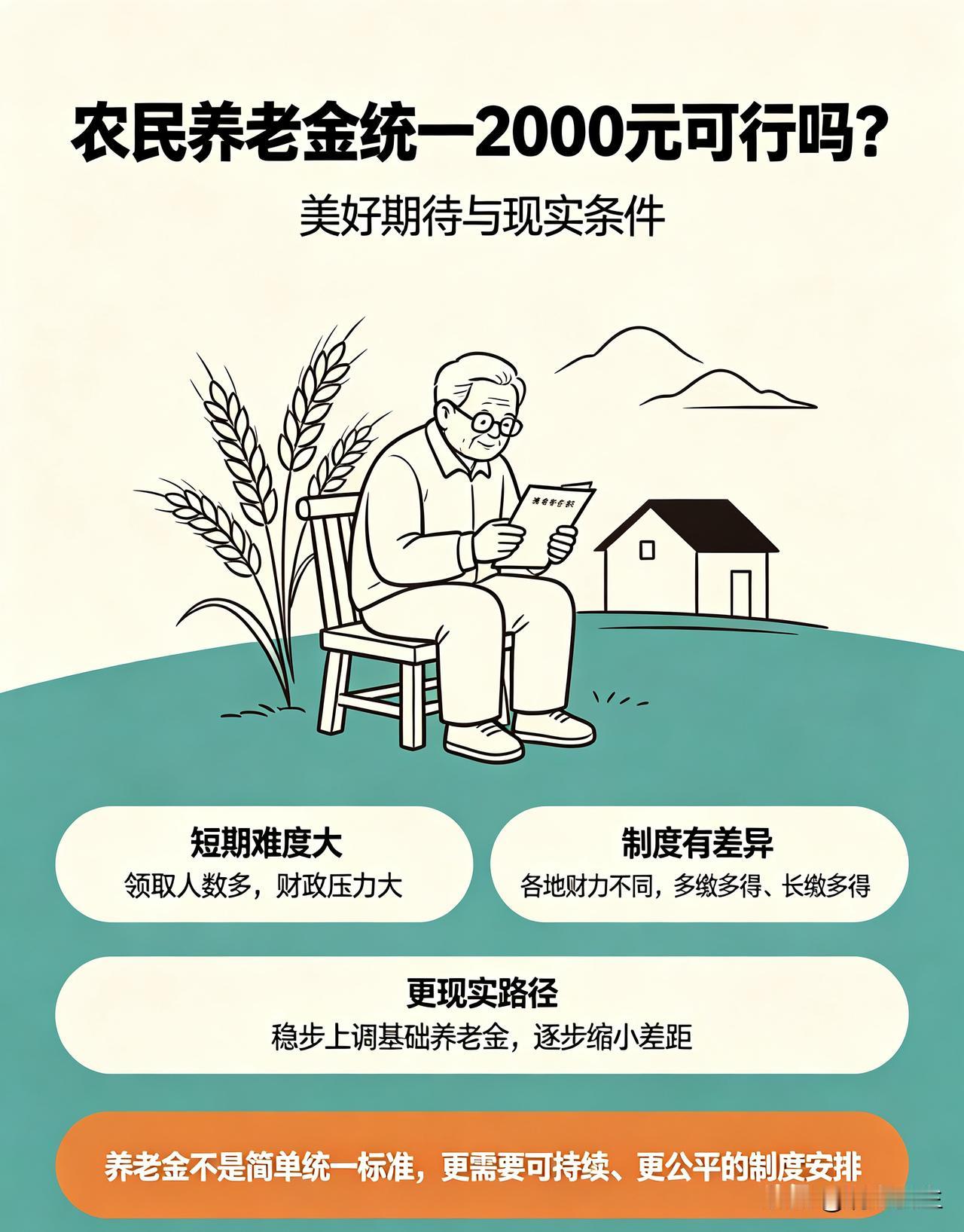 很多人期盼农民养老金统一每月2000元，这个想法很美好，但短期内很难落地。全国领