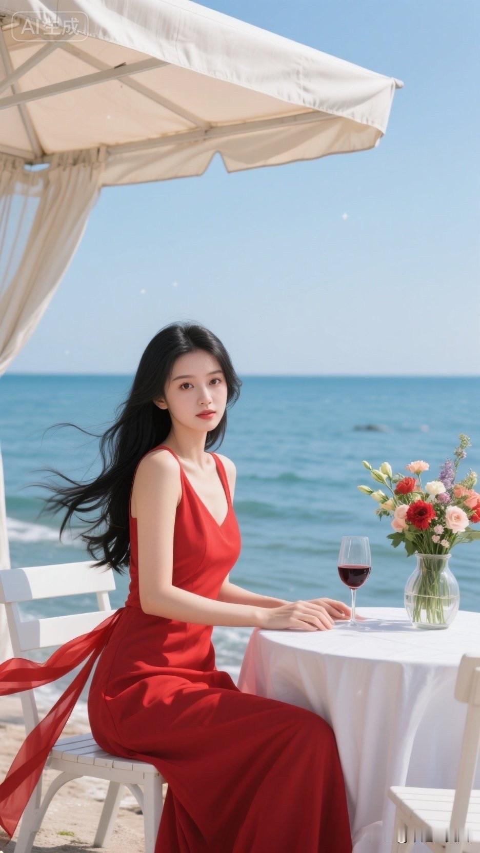 海边美女坐在餐桌旁，风景美如画。