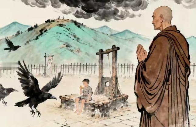 高僧路过刑场，见一男童在断头台上啃馒头，身后乌鸦盘旋不落，高僧合掌：“破军坐命，