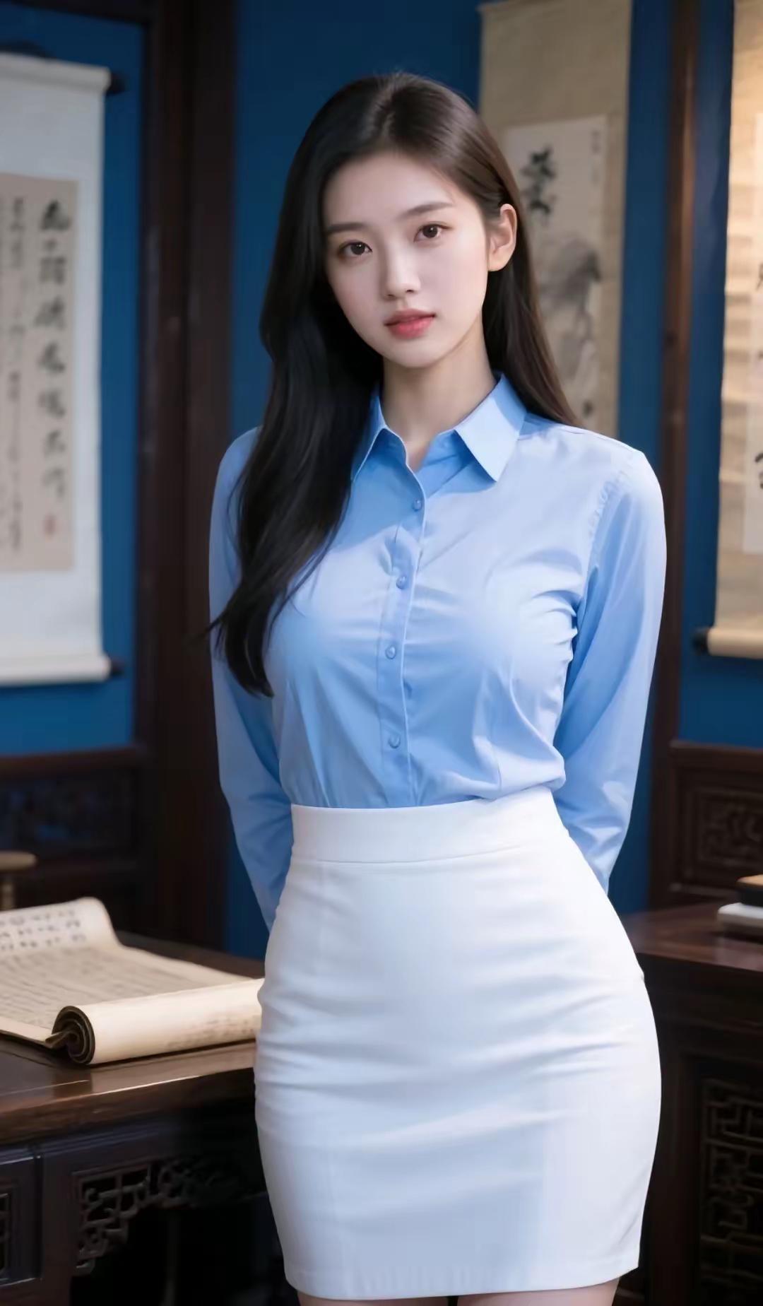 优雅蓝白穿搭，复古书房里的现代时尚。
