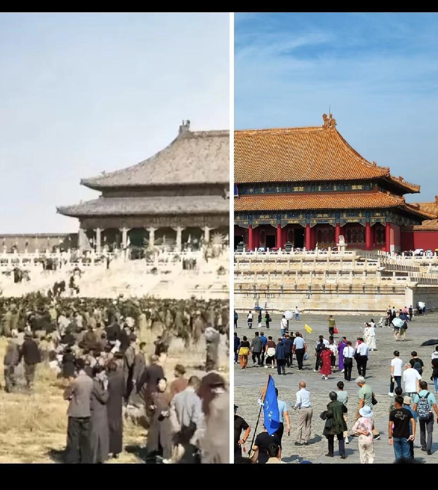 左边1925，右边2025，100年北京故宫原来故宫石头地面是后铺的吗？