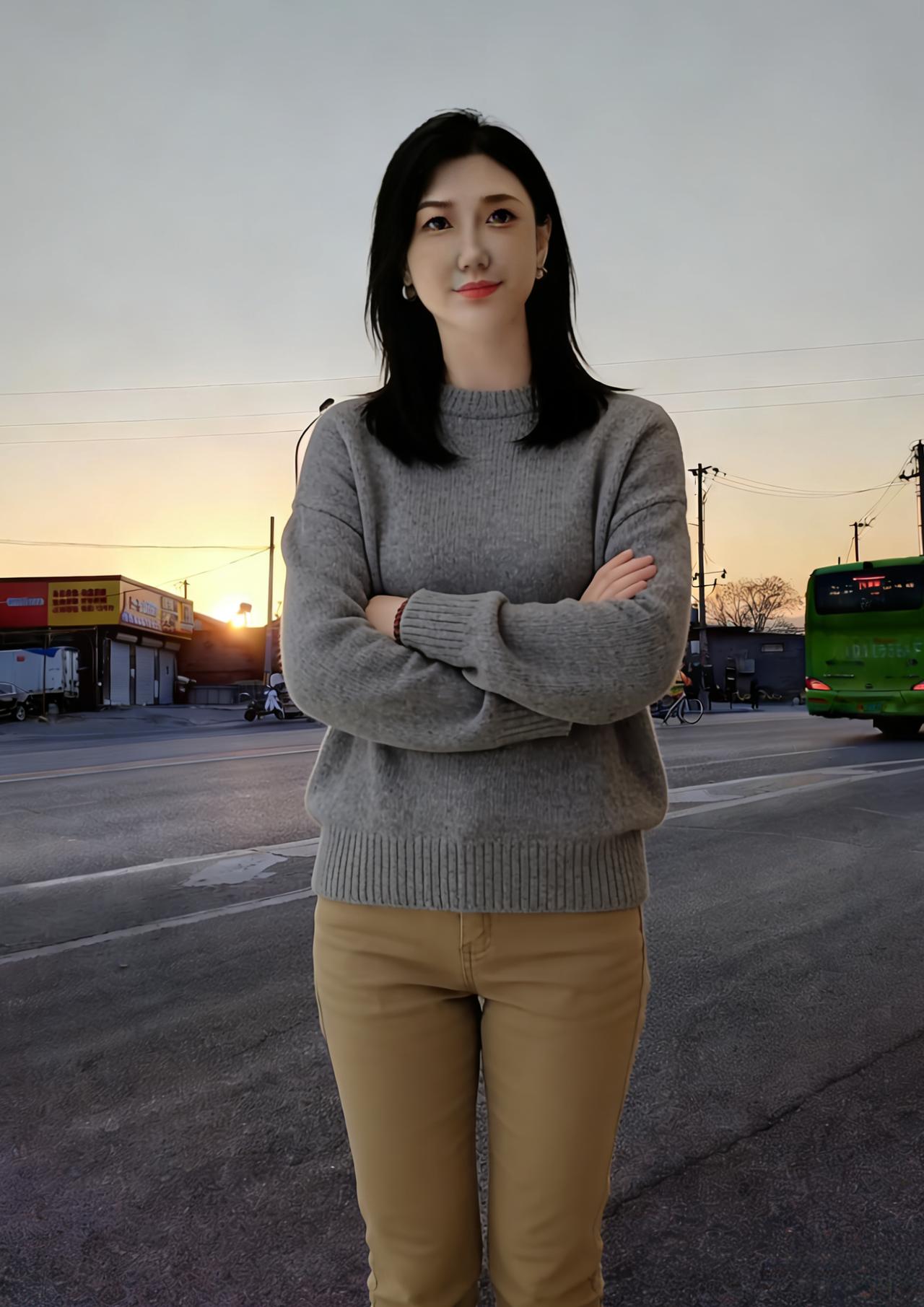 灰衫抱臂立斜阳，影逐残霞过短墙。莫道人间无绝色，街头别有好风光。