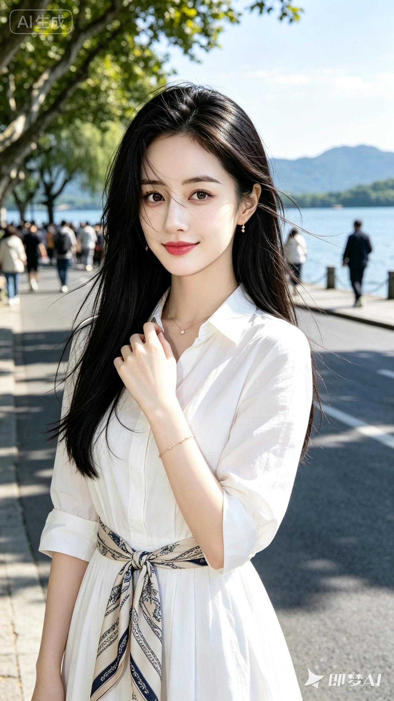 阳光明媚的湖畔，甜美少女轻抚发丝，尽显清新自然之美。