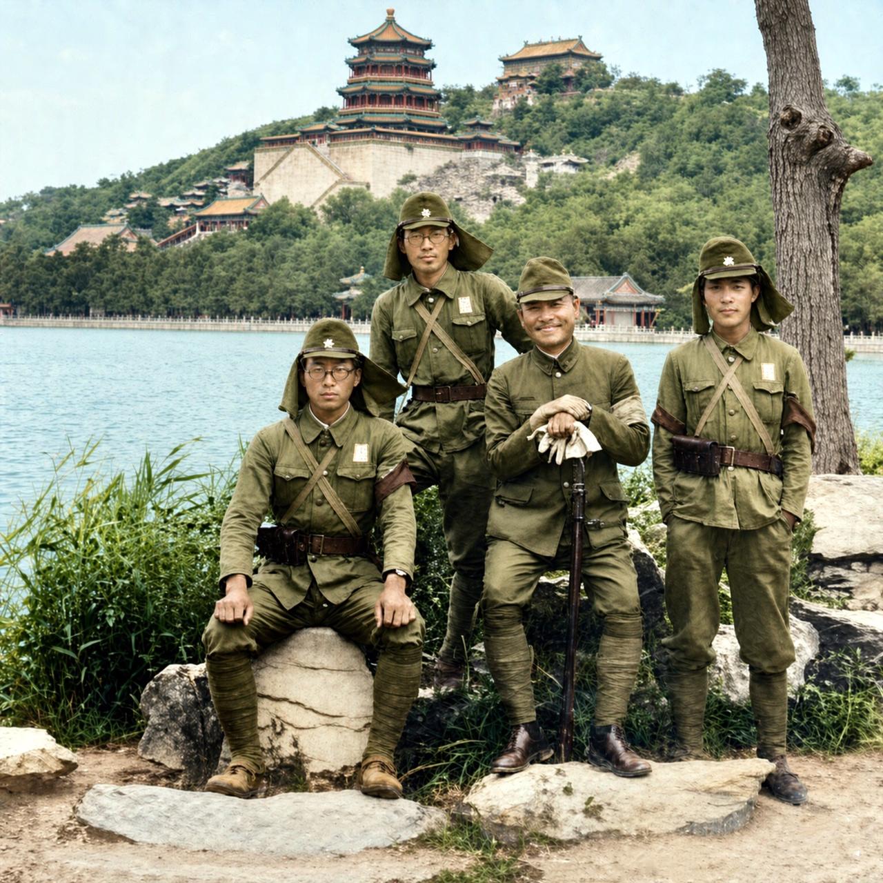 1937年北平沦陷后，四名日本陆军士兵窜入颐和园，在昆明湖畔的景观石上合影留念。
