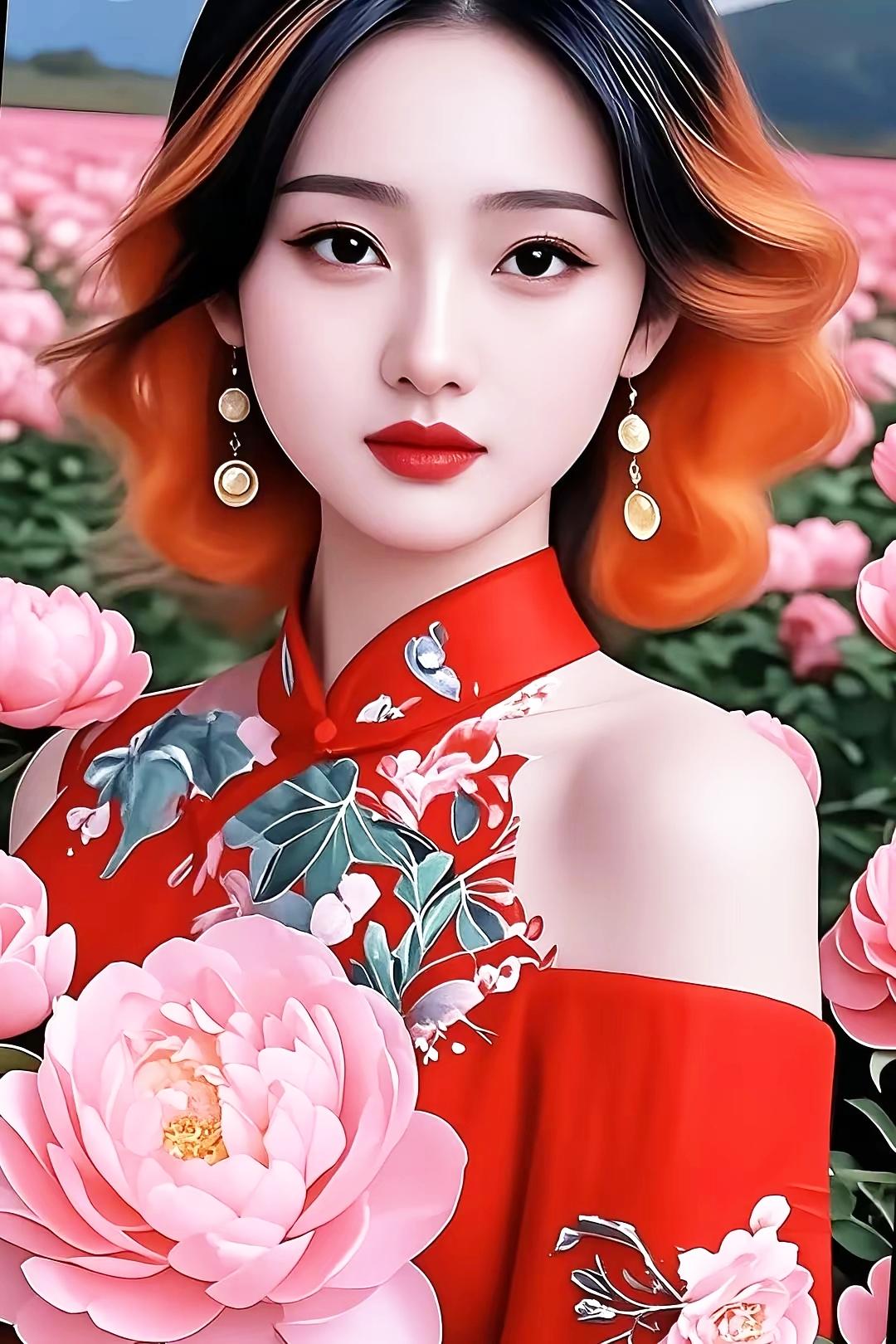 惊艳的东方美人，红衣花海中的优雅女神