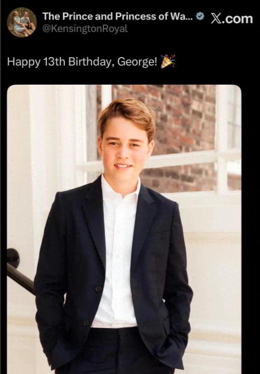 英国第三代继承人乔治王子过13岁生日，国王查尔斯与王储威廉都公开为他庆生！威廉