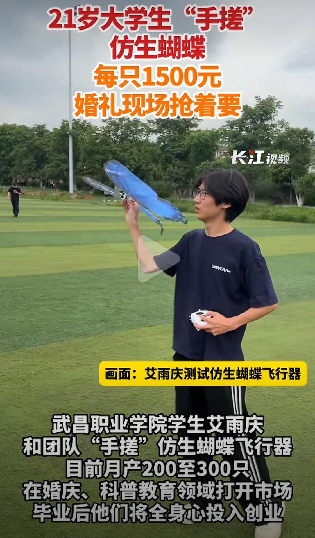 每只1500元，月产300只——武汉21岁大学生艾雨庆靠“手搓”仿生蝴蝶，还没毕