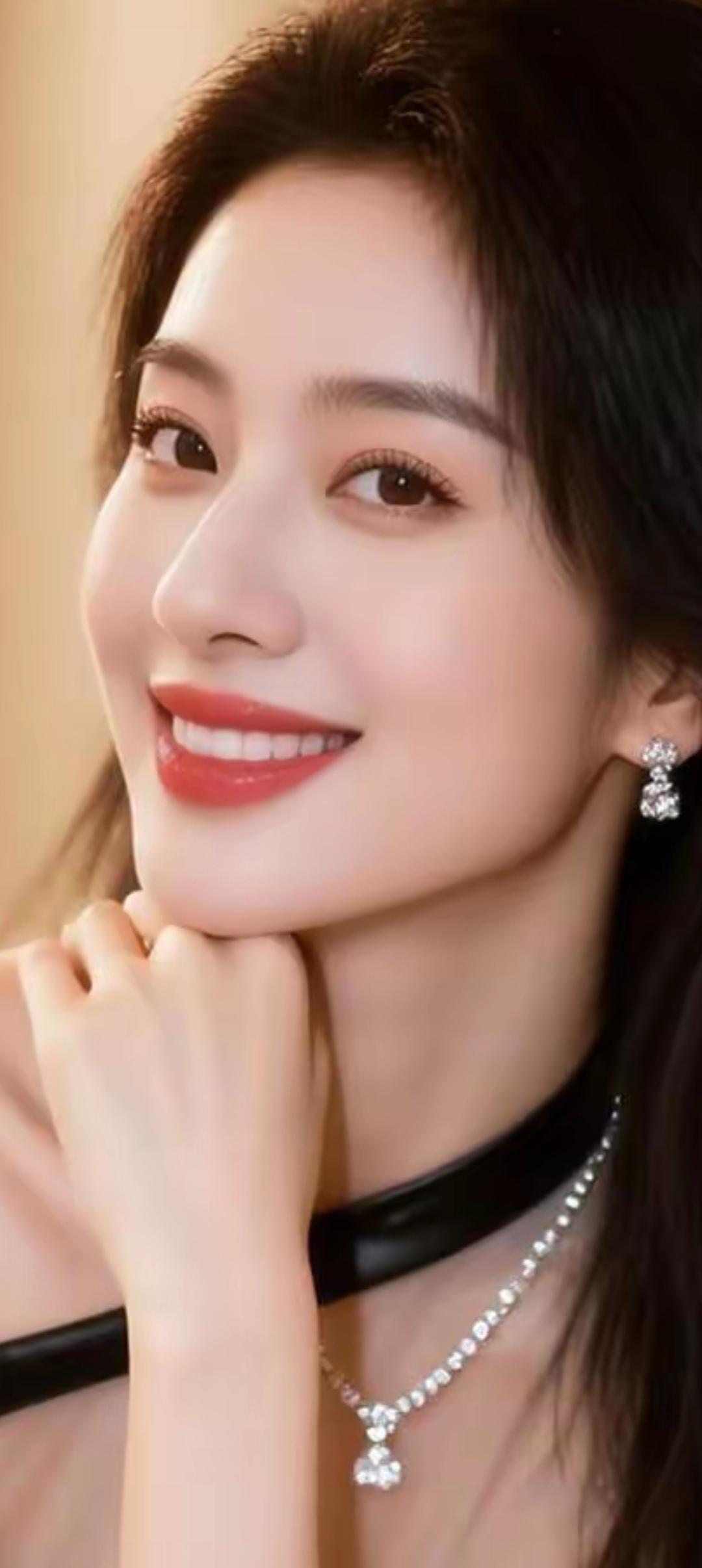 甜美笑容，闪耀耳环，黑颈链点缀，优雅迷人！💖✨