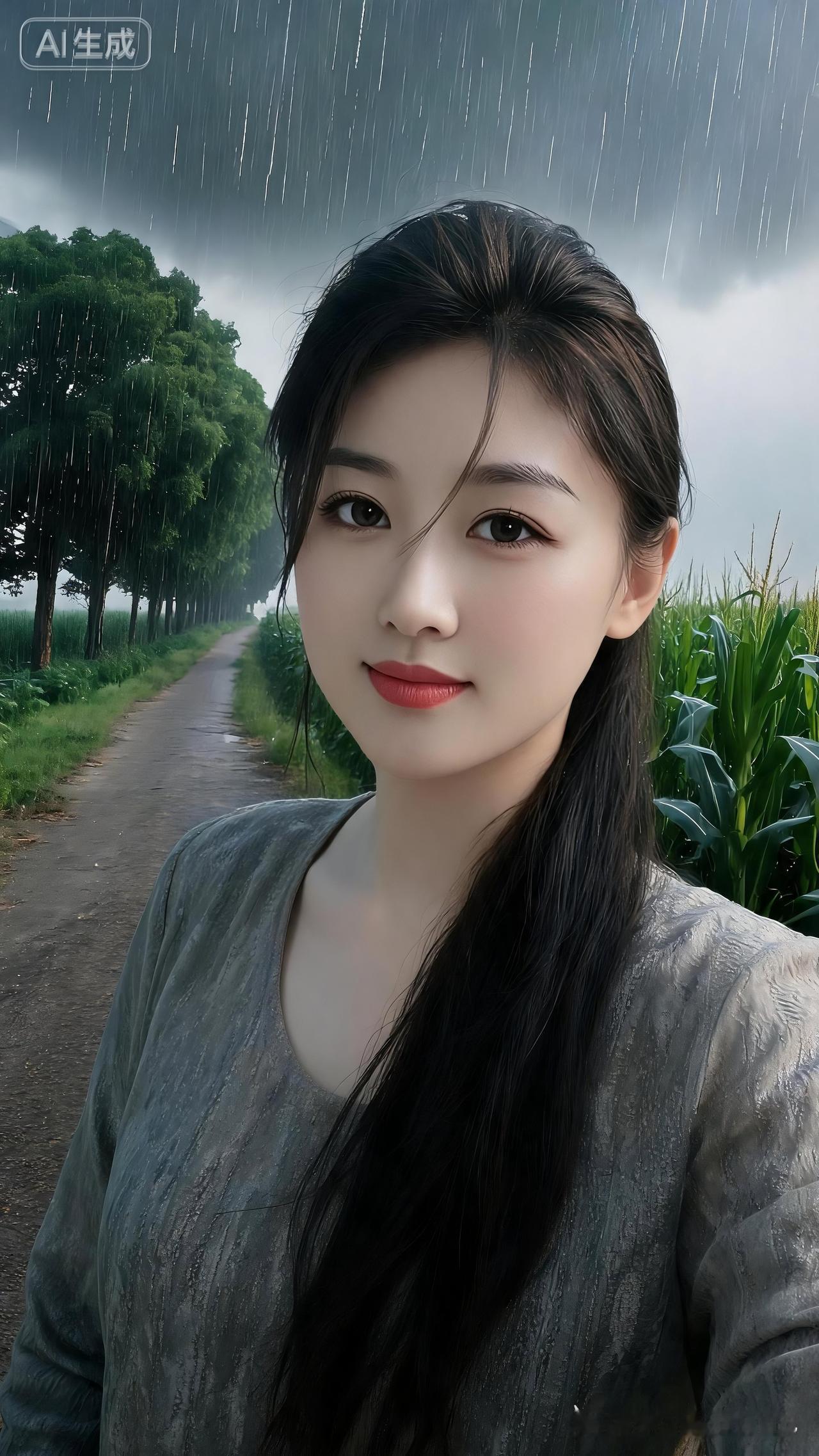 阴云密布，倾盆大雨倾泻而下，路旁参天绿树繁茂葱郁，一旁排布齐整的青绿玉米地。超清