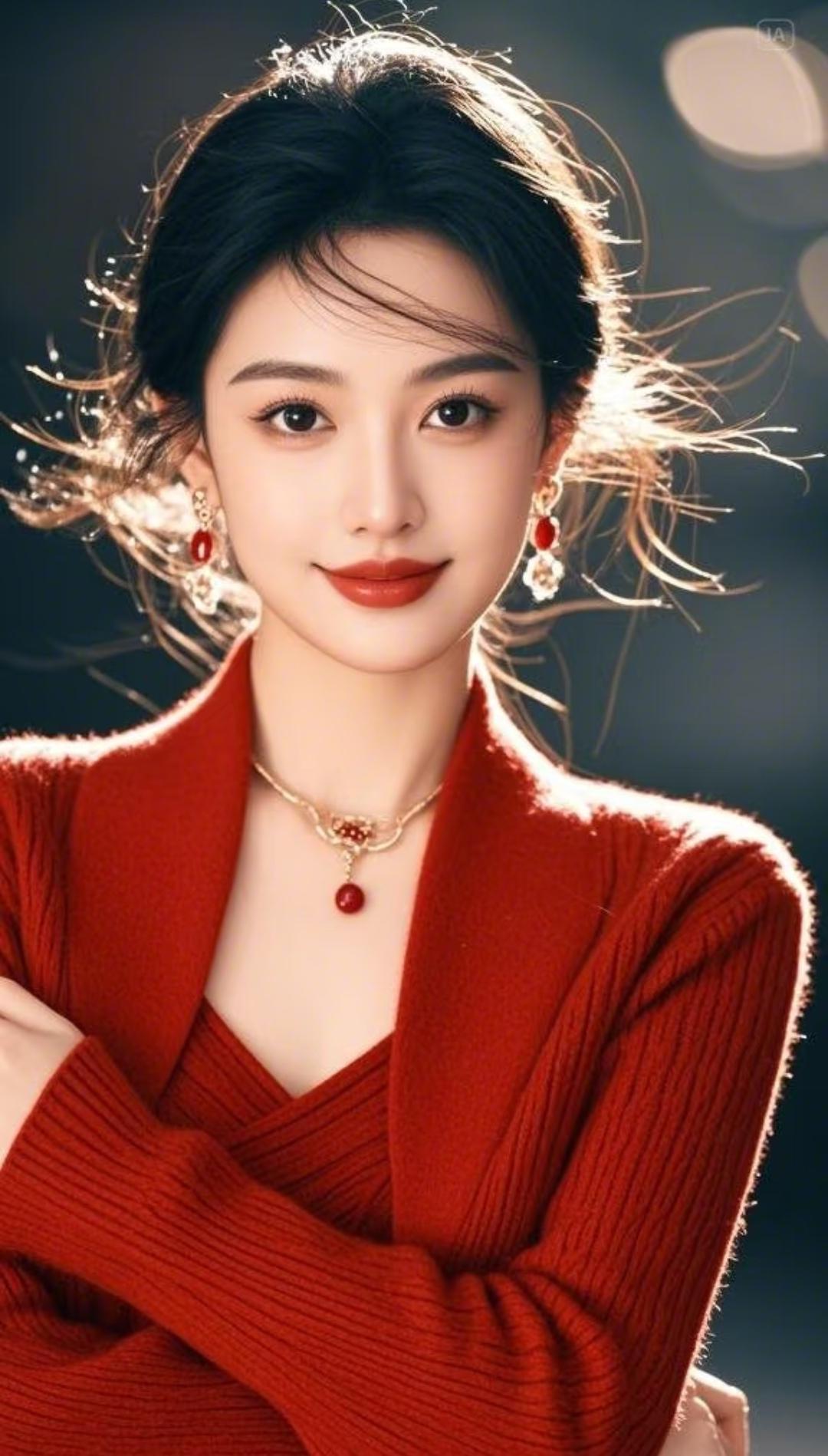 优雅红衣，迷人微笑，闪耀耳环，气质女神！高清气质美女优雅美图分享