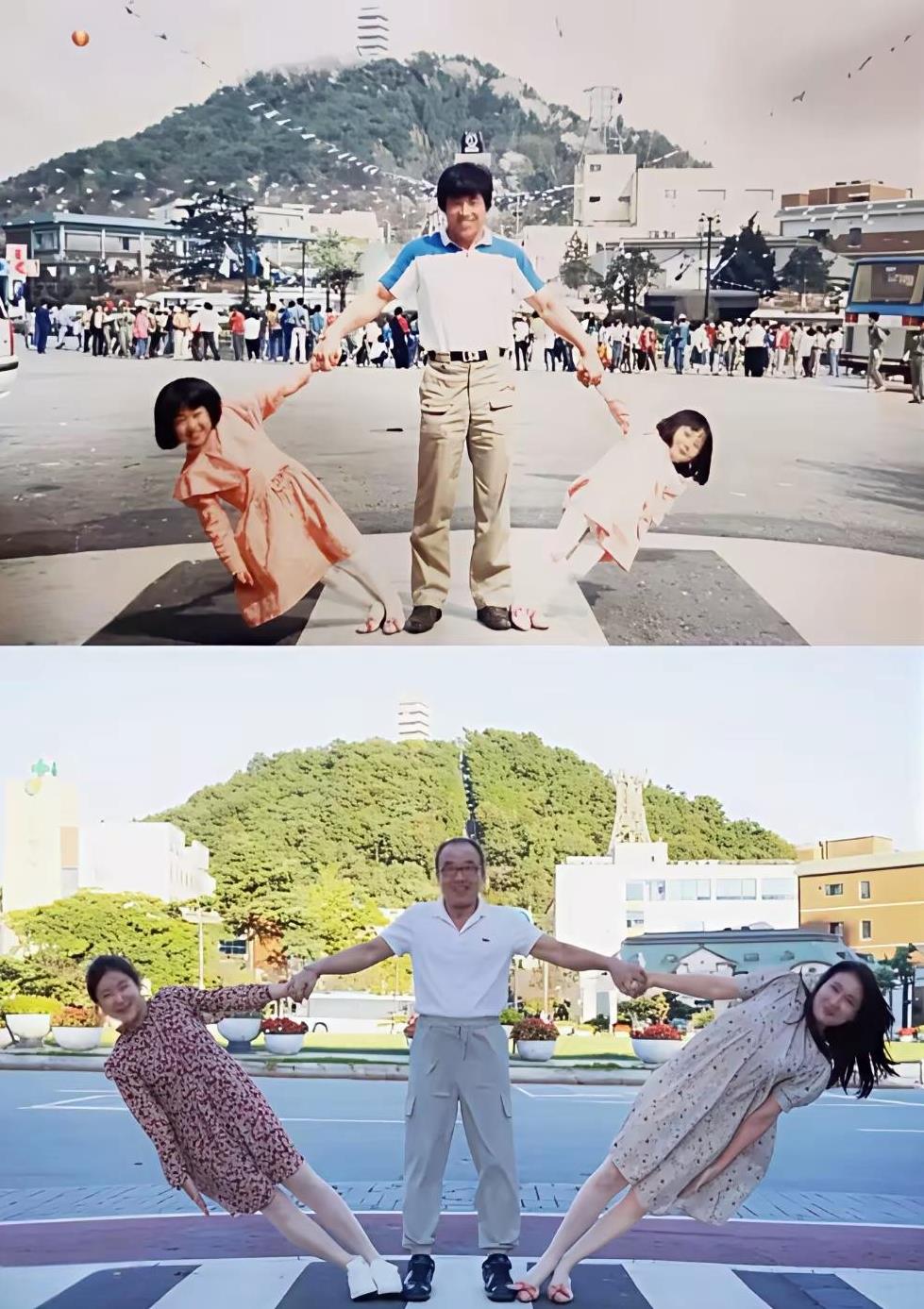 这是一位爸爸与两位女儿在同一地点做着相同动作，时隔34年的两张合影照。爸爸老了
