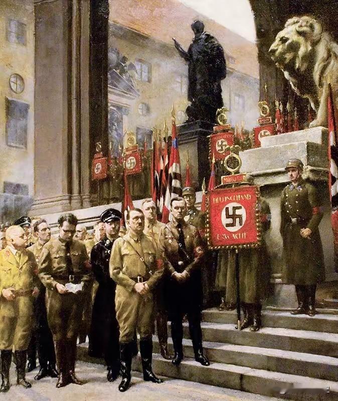 1923年11月9日，啤酒馆暴动失败，14名纳粹分子在慕尼黑统帅堂前被军警射杀，