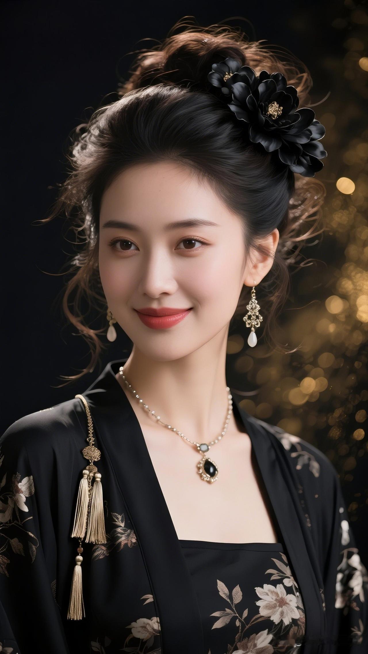 优雅黑发花饰，尽显东方古典美