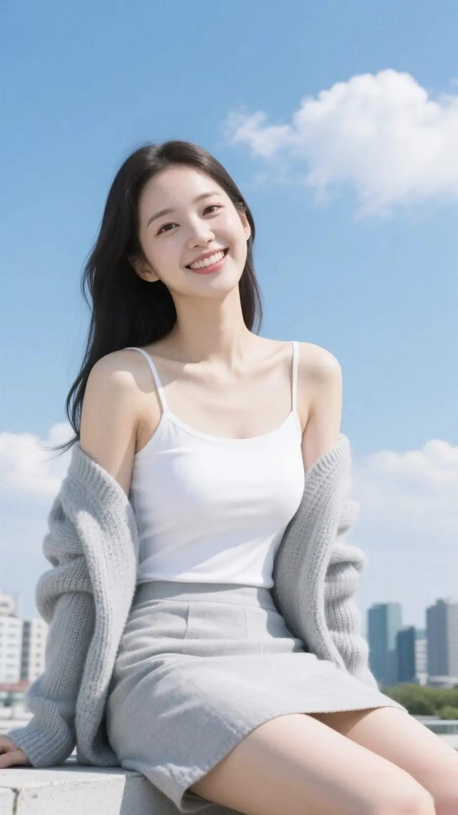 阳光明媚的午后，微笑女孩与城市天际线相映成趣