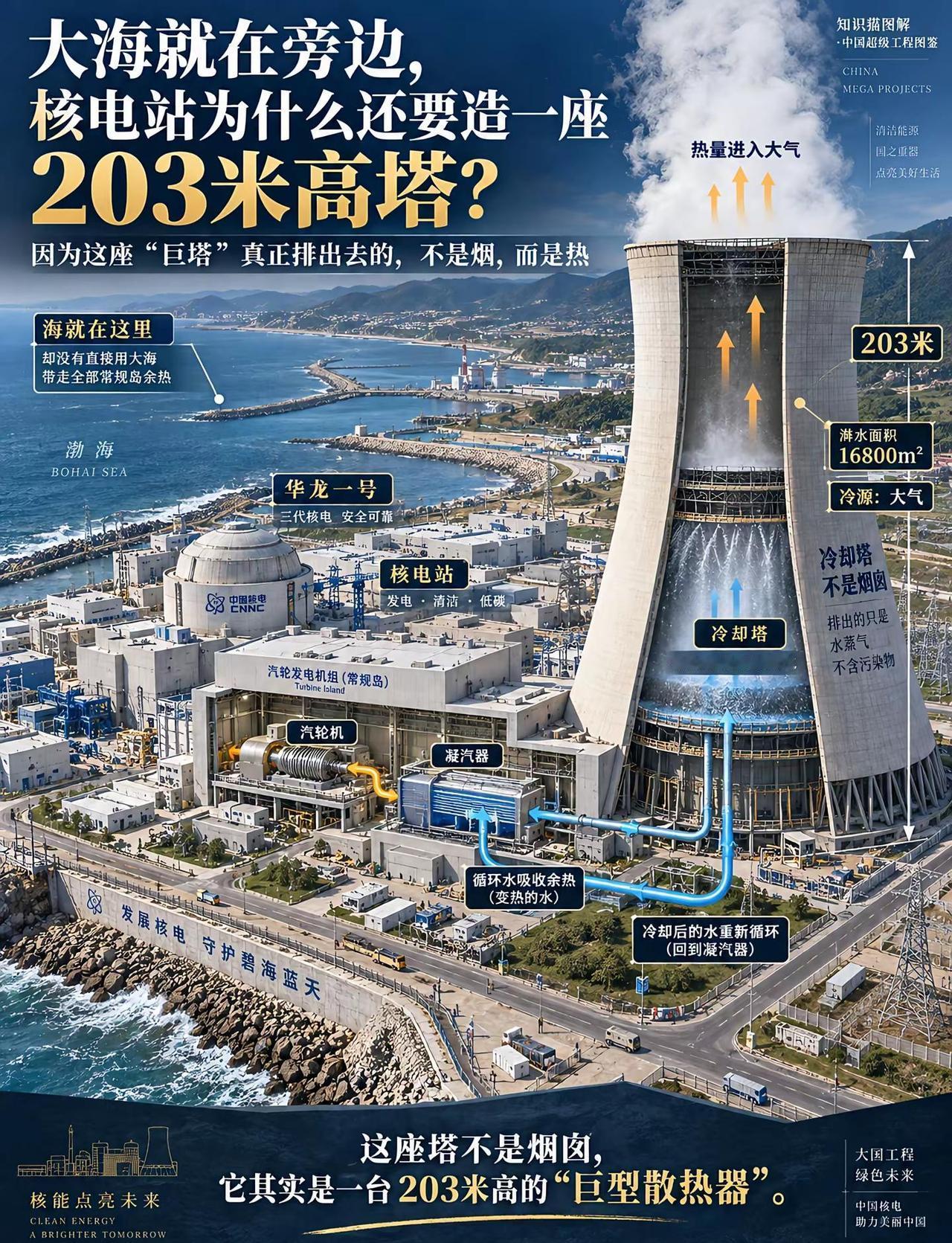 海就在旁边，为啥还建203米巨塔？。山东招远核电明明就在海边，为什么每台“华龙一