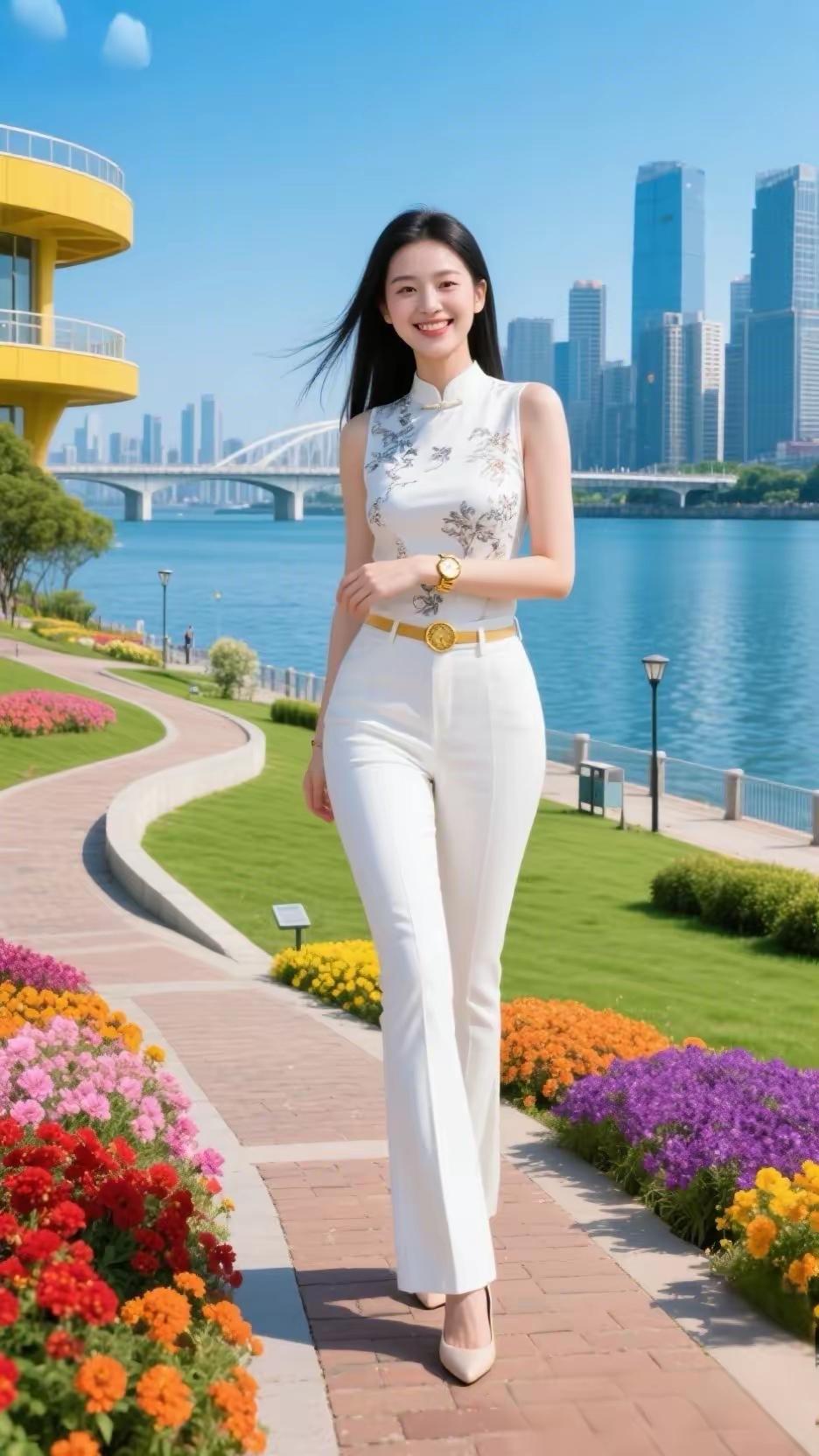 优雅漫步在花海中，感受都市的繁华与自然的宁静。