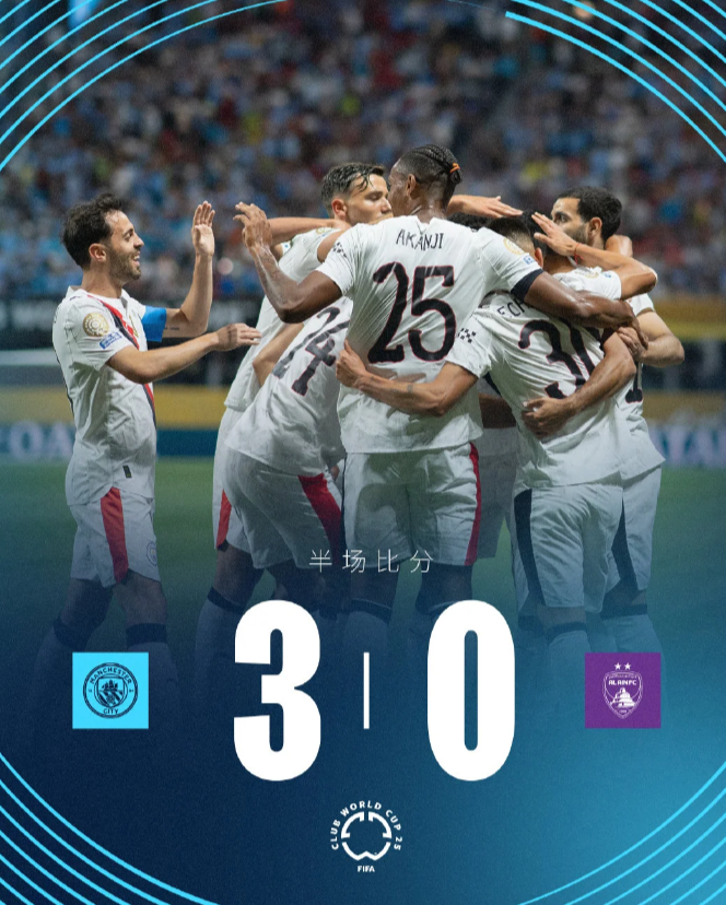 半场结束，曼城3-0艾因上半场比赛结束，凭借京多安、埃切维里和哈兰德的进球，