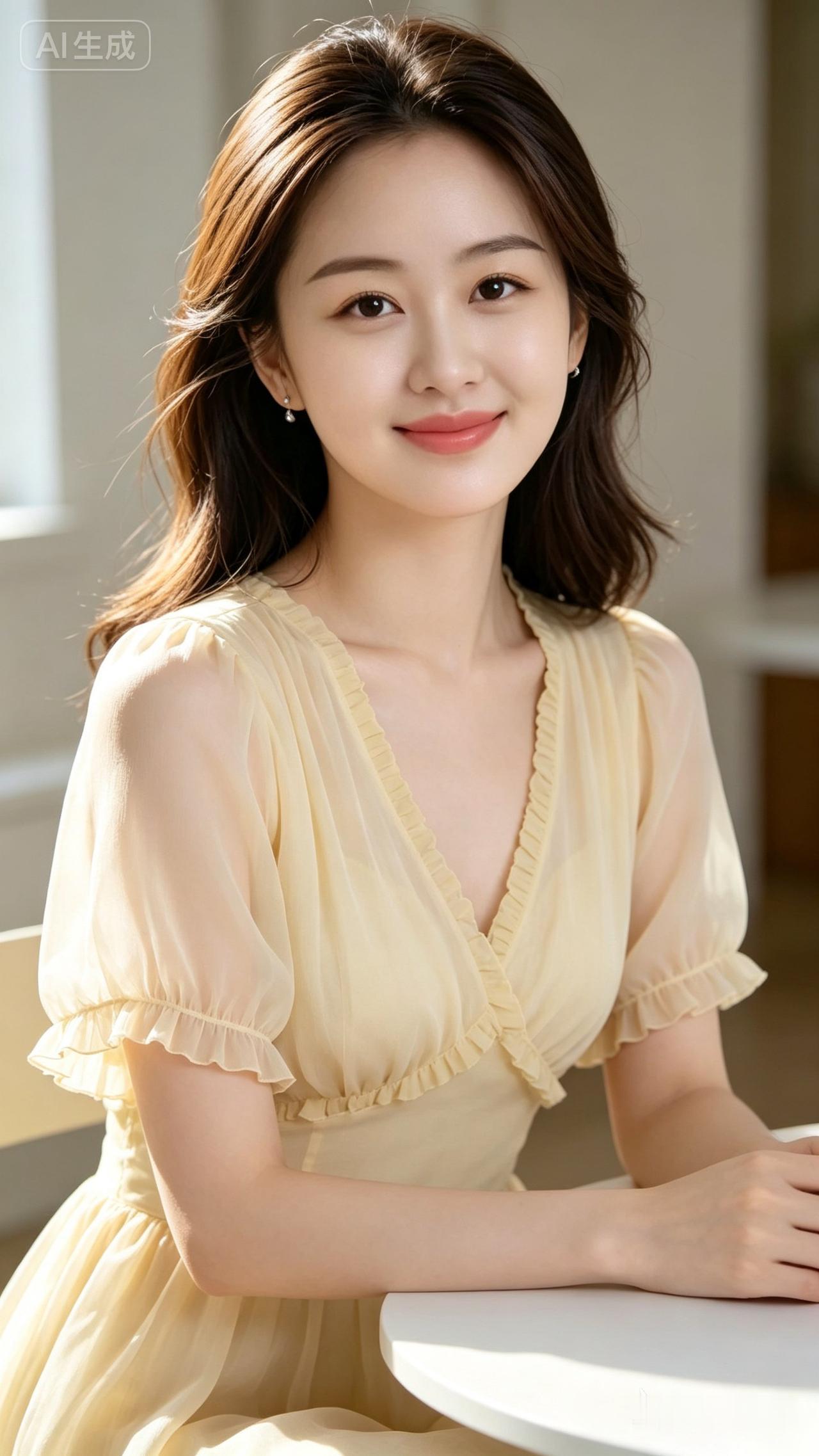 温柔甜美的午后时光，浅黄色连衣裙搭配自然妆容，尽显优雅气质。