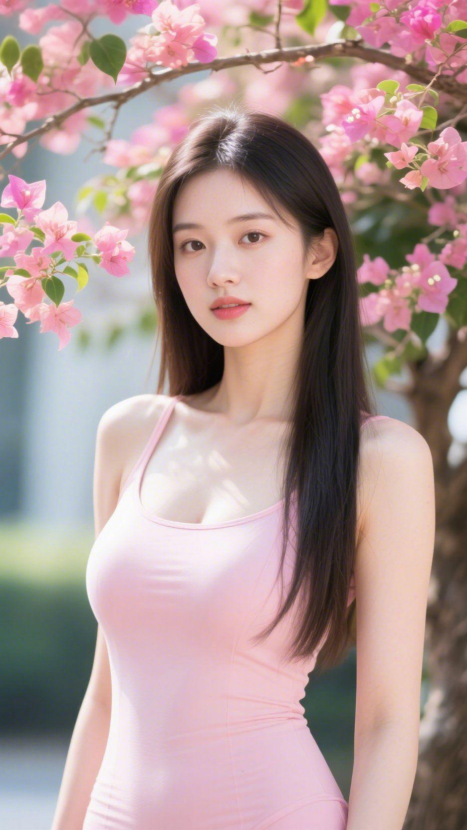 春日三角梅盛景晴光初暖惠风柔，繁枝叠蕊满梢头粉英叠绽香风软，嫩萼轻舒晓色