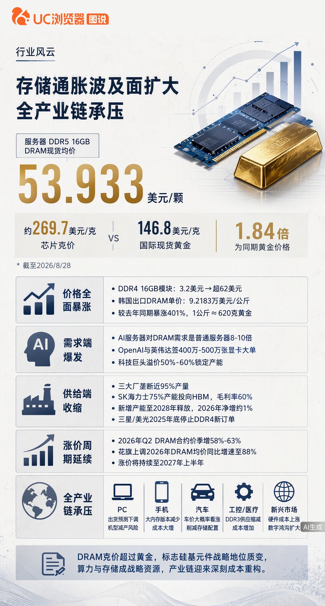 服务器级DDR5芯片克价已是黄金1.84倍，连老款DDR4都逆周期暴涨。AI吞掉产能，巨头宁愿溢价锁