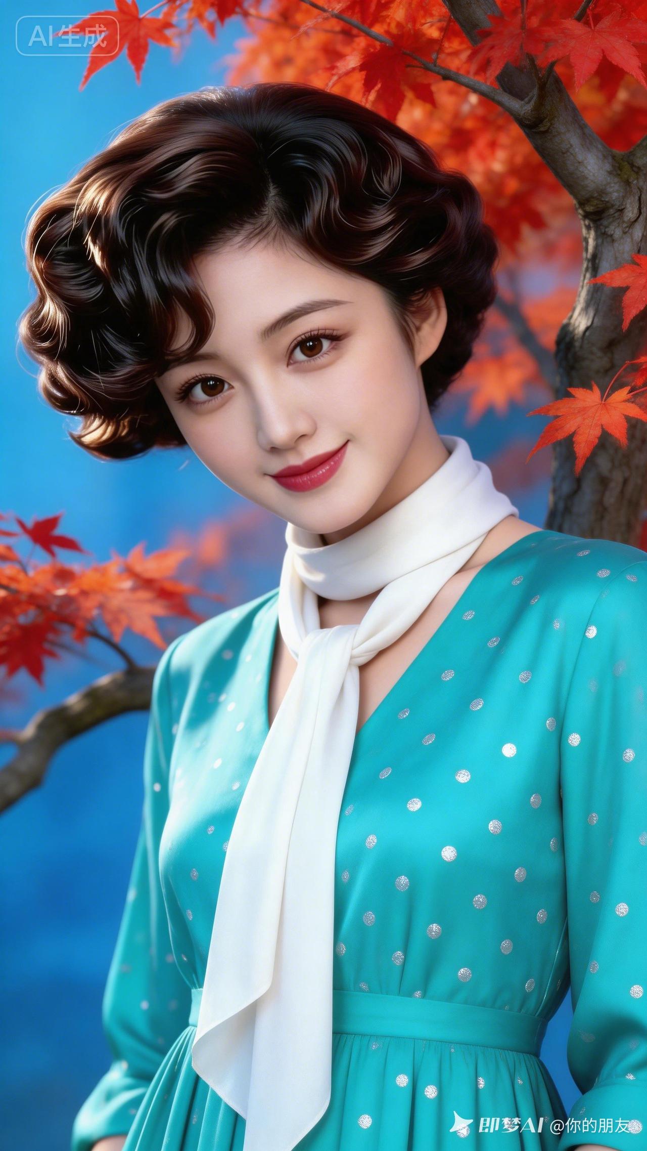 秋日暖阳下的复古美人，红叶与蓝裙相映成趣。