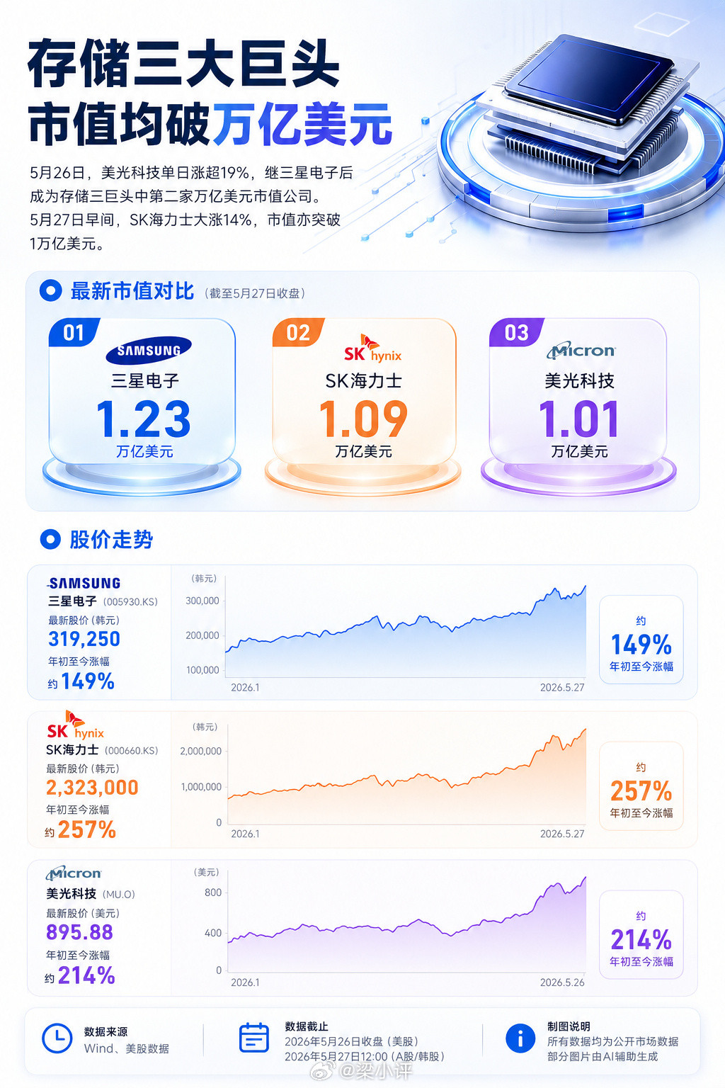 全球存储三巨头三星、SK海力士和美光，这三家市值均突破1万亿美元内存涨价，真的赚