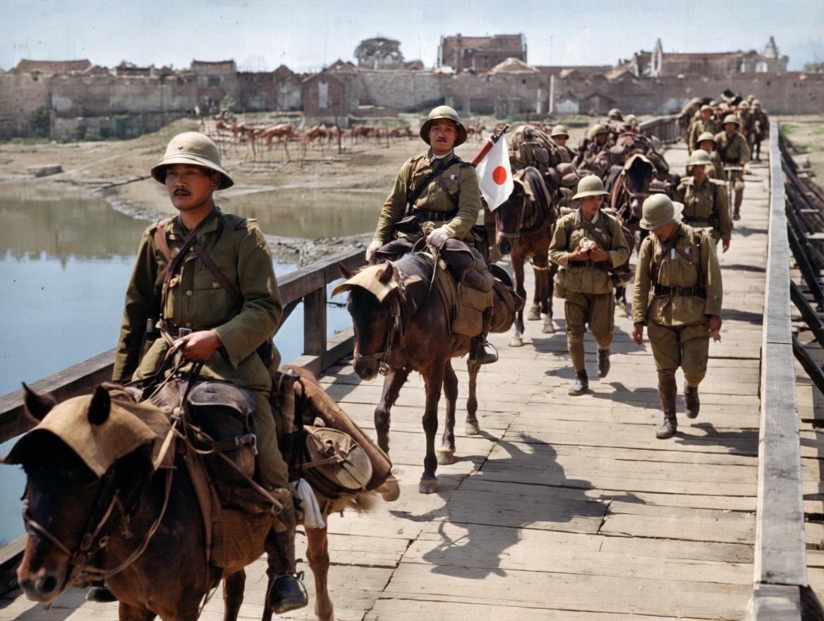 1938年5月4日，安徽淮南的沦陷，照片中一支成建制的侵华日军正列队通过淮南境内