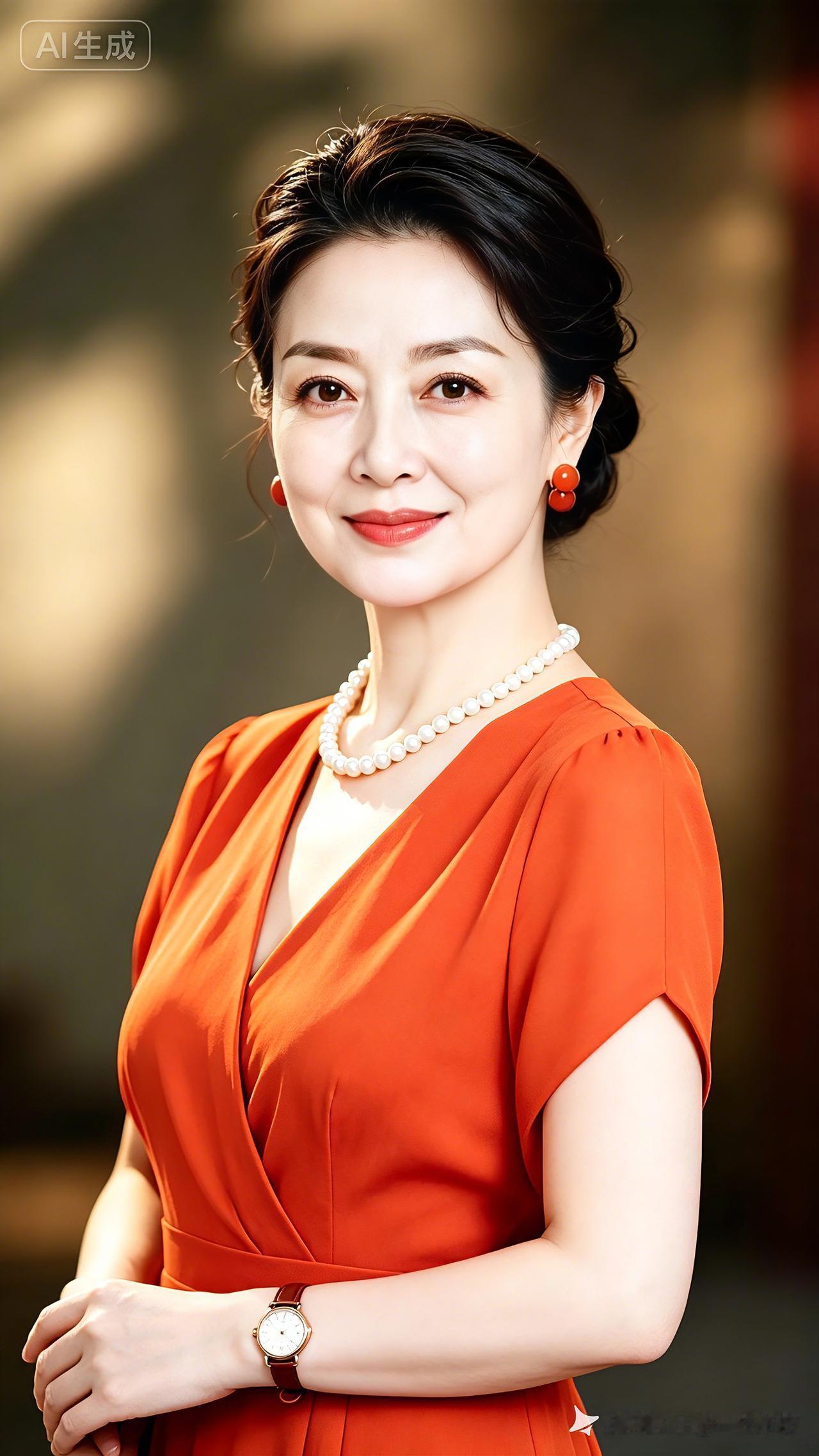 雍容雅韵橘红裙衫衬端庄，珠链耳坠漾柔光。青丝盘就风姿俏，笑靥温恬韵味长。