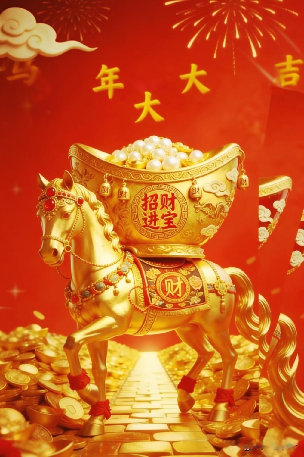 金马驮元宝，富贵跑不了。