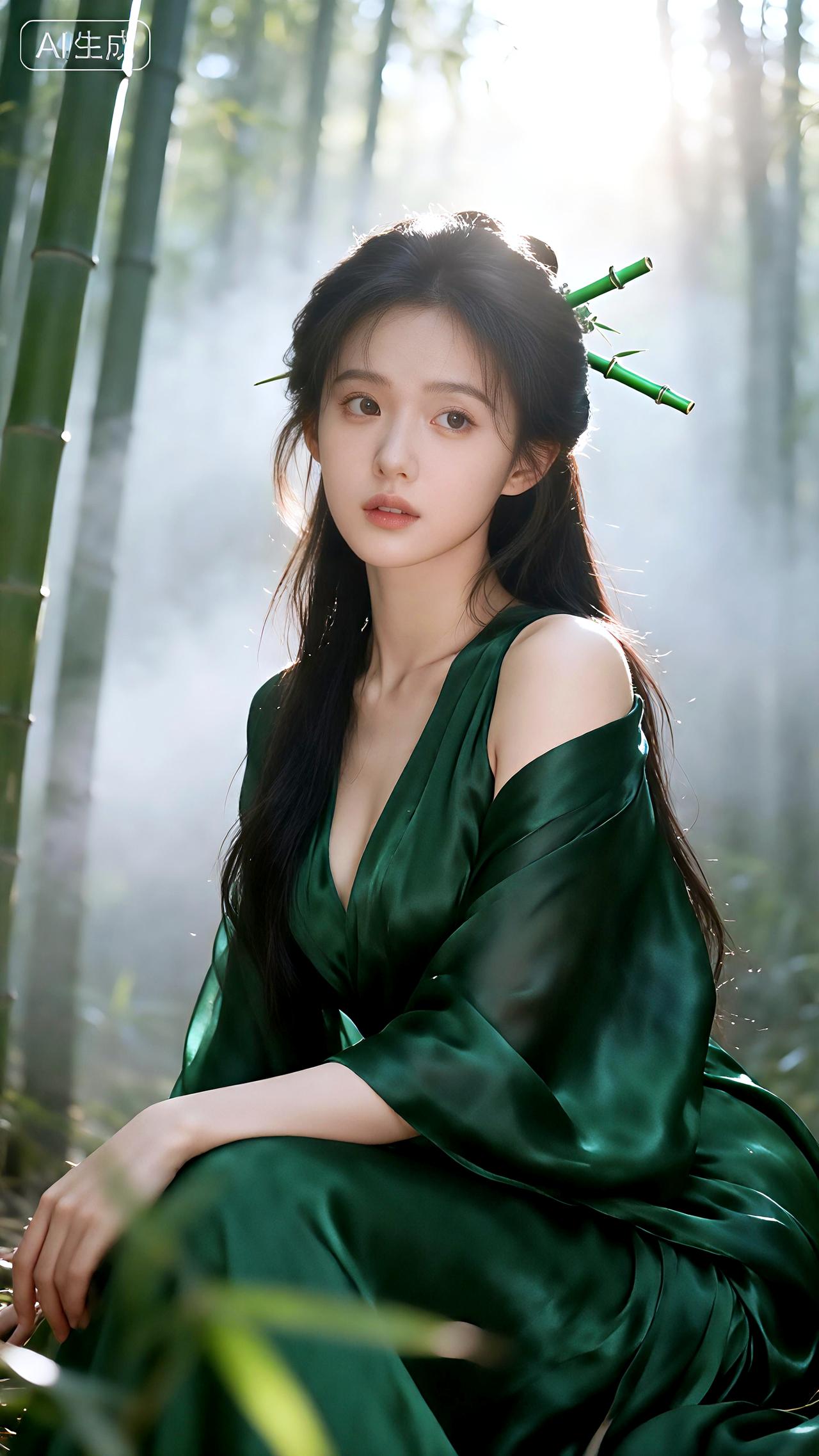 竹影婆娑处，她凝眸时露珠坠成时间的诗。美图壁纸共享豆包壁纸