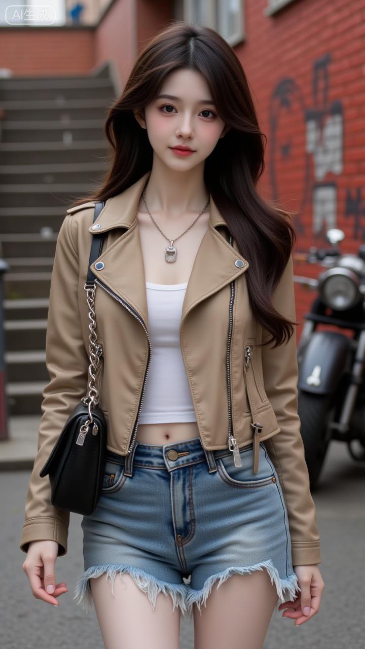 街头甜酷系美人太戳审美啦卡其皮衣搭破洞牛仔，慵懒里藏着点飒气~白吊带和金坠