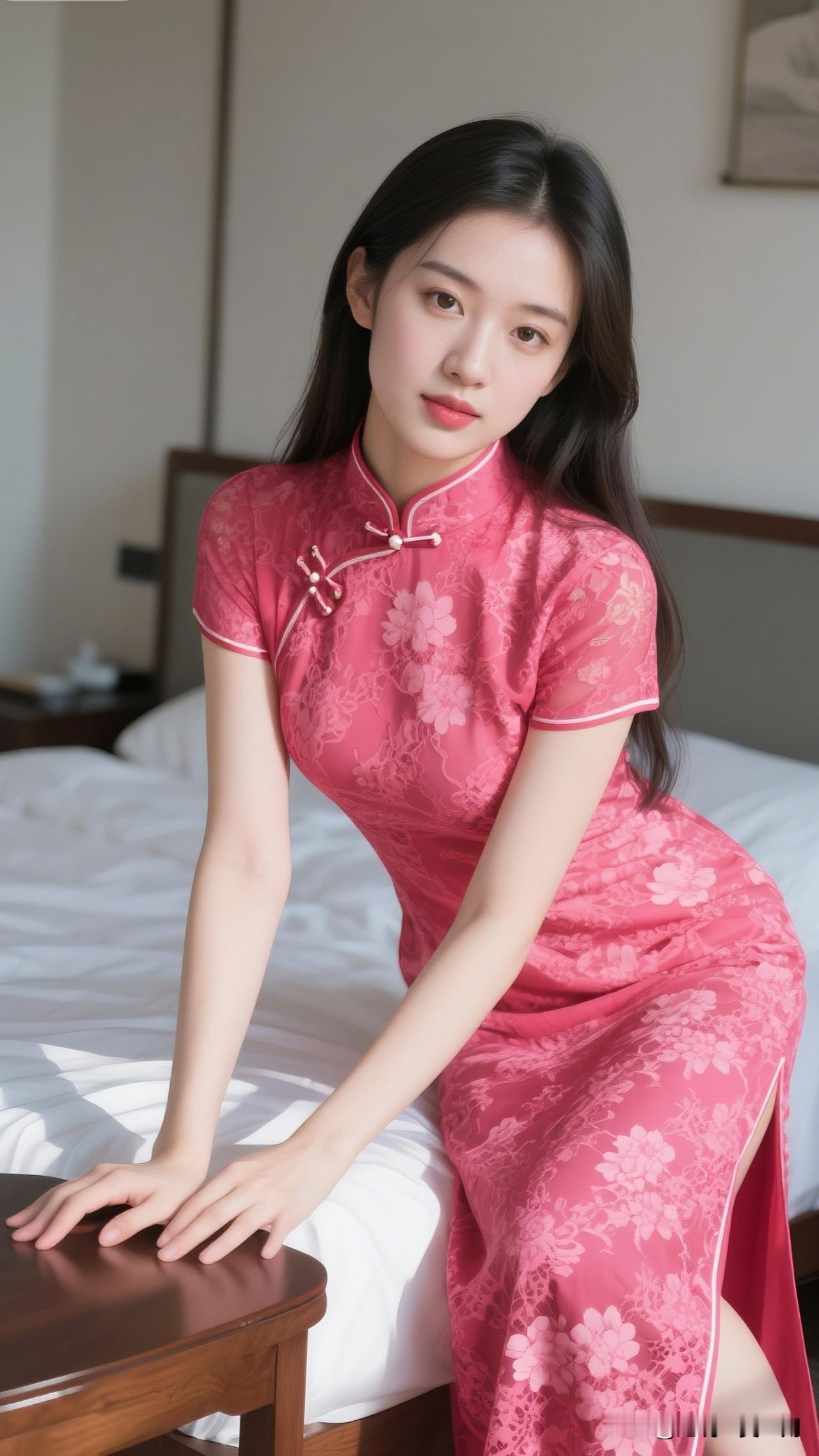 红衣美人倚床坐，花影摇曳入梦来。女明星的旗袍造型有多绝粉嫩旗袍，优雅气质，尽显