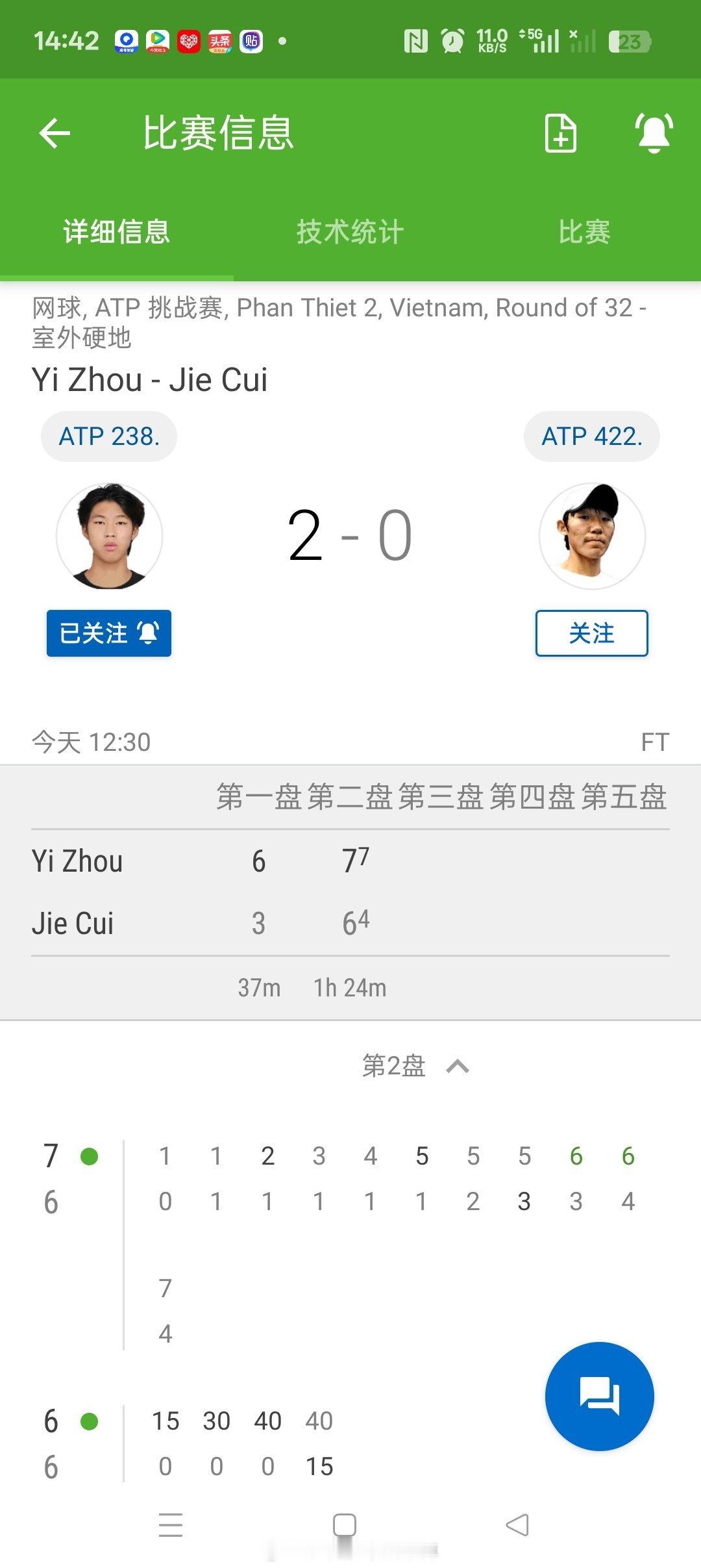 小花小草资讯【🇻🇳藩切挑战赛】男单正赛第一轮🇨🇳周意6-37-6(4)