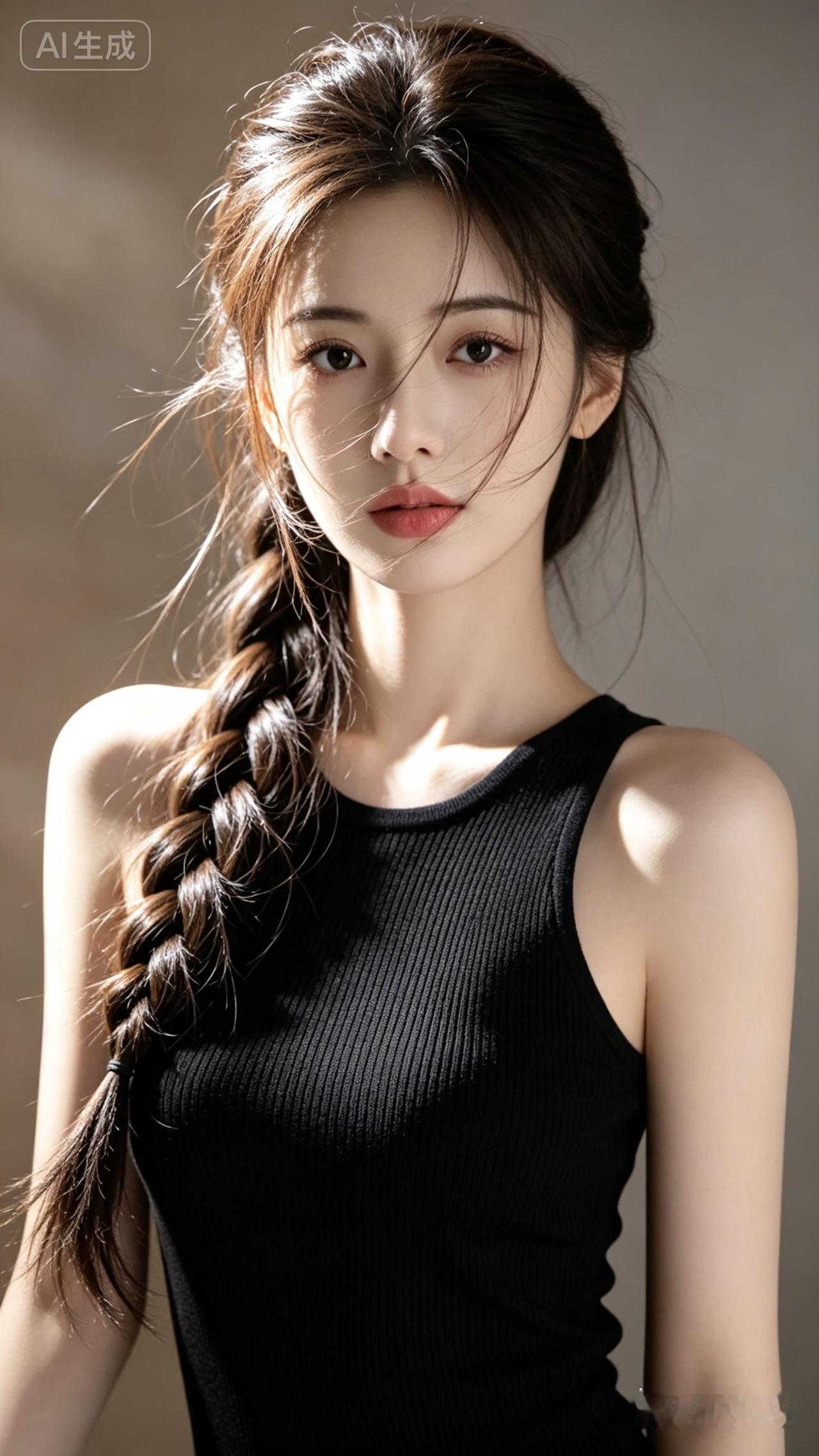 甜美少女风，黑发编辫，清新自然