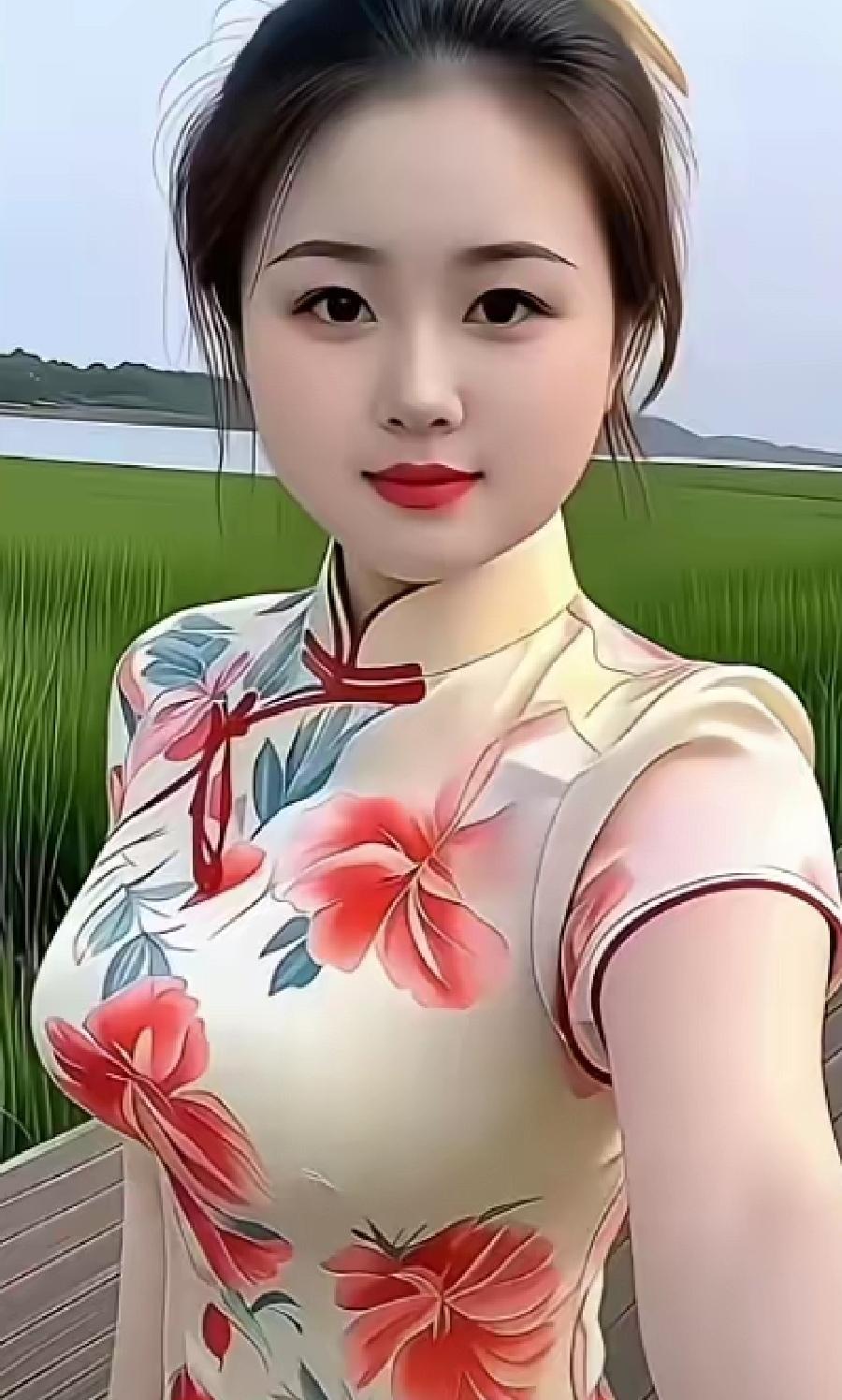 花间人影动，水畔景如画。在这如诗如画的美景中，一位佳人缓缓走来。她身着一袭淡粉色