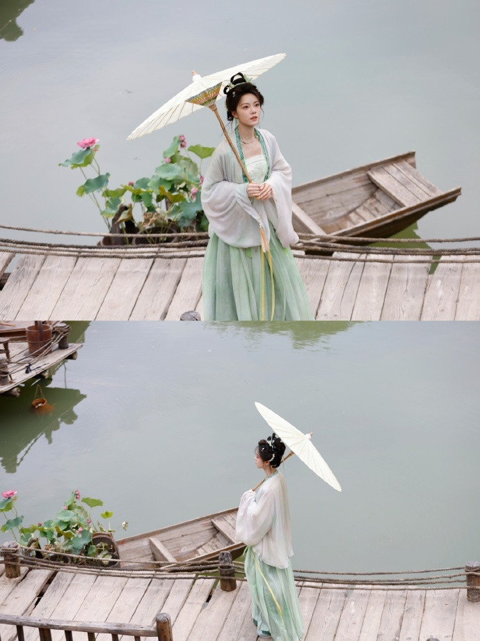 赵今麦随我去江南奔赴江南夏日荷塘，浅绿古装衬得赵今麦清丽柔和，画面恬淡治愈，满是