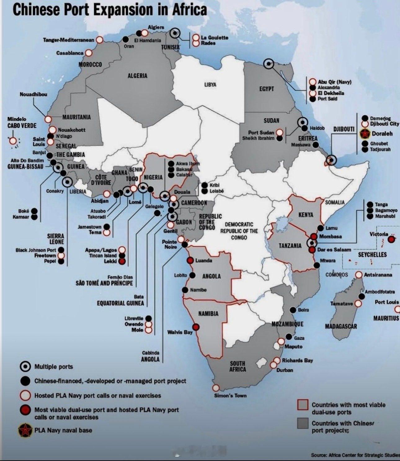 【中国在非洲的港口扩建】这张地图突显了中国在非洲广泛的海上影响力：中国投资、开