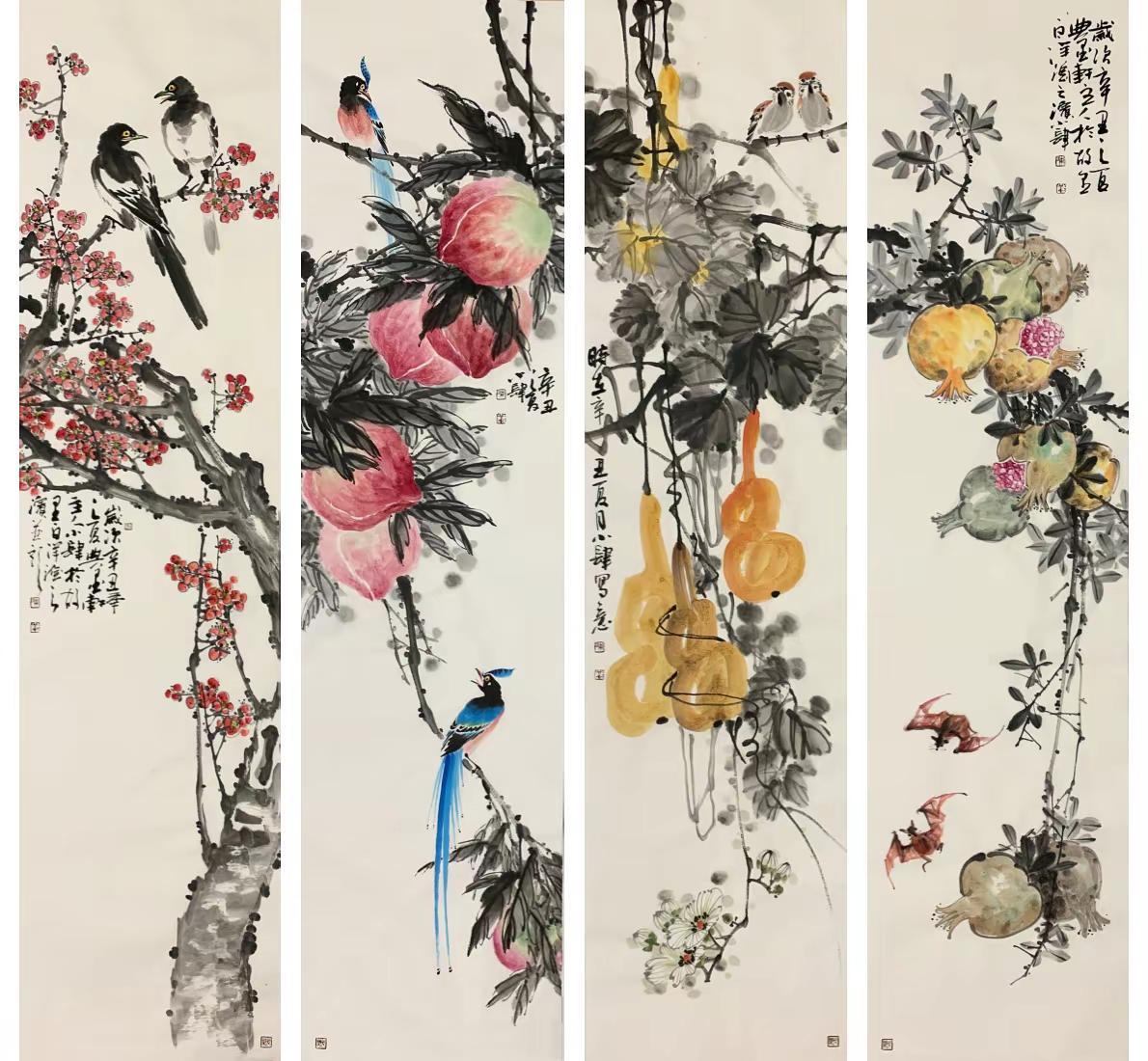 花鸟四条屏。写意花鸟创作者中心创作灵感谁说国画不中国画笔墨趣味