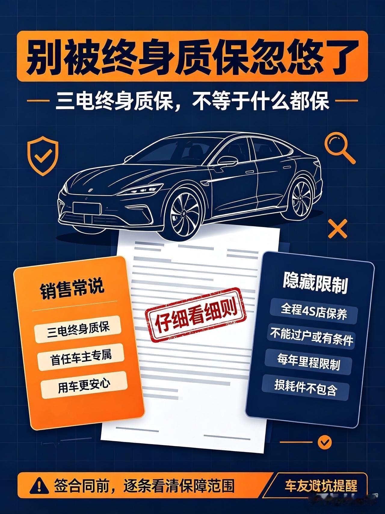 别被“终身质保”忽悠了！很多车主踩过这个大坑买车时听到“三电终身质保”，是不