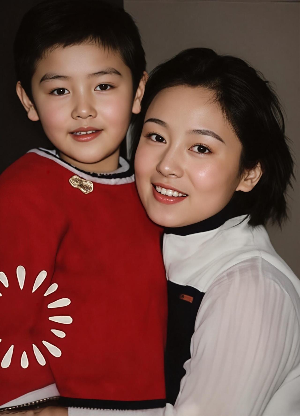 这位小男孩小的时候跟妈妈长得好像，依偎在妈妈的怀里幸福快乐，估计妈妈和他都没有