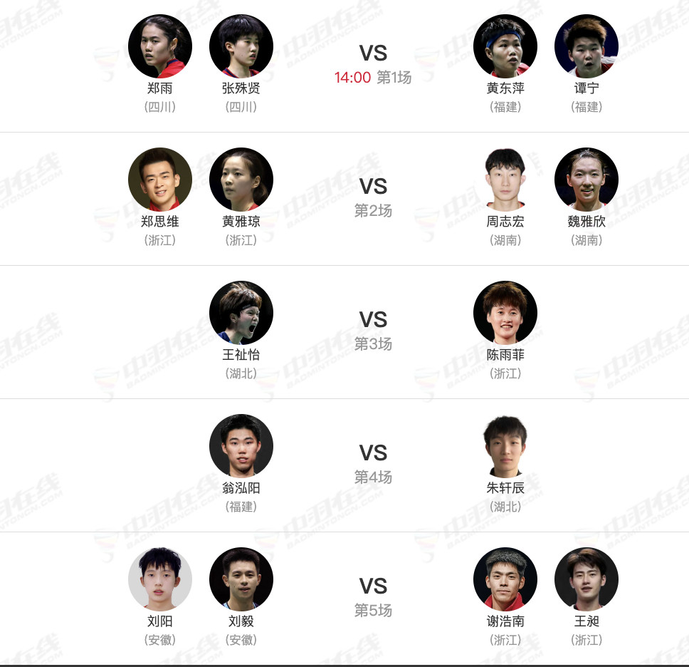羽毛球单项赛11月20日冠军赛赛程，下午14点开赛：女双：郑雨/张殊贤（四川）?