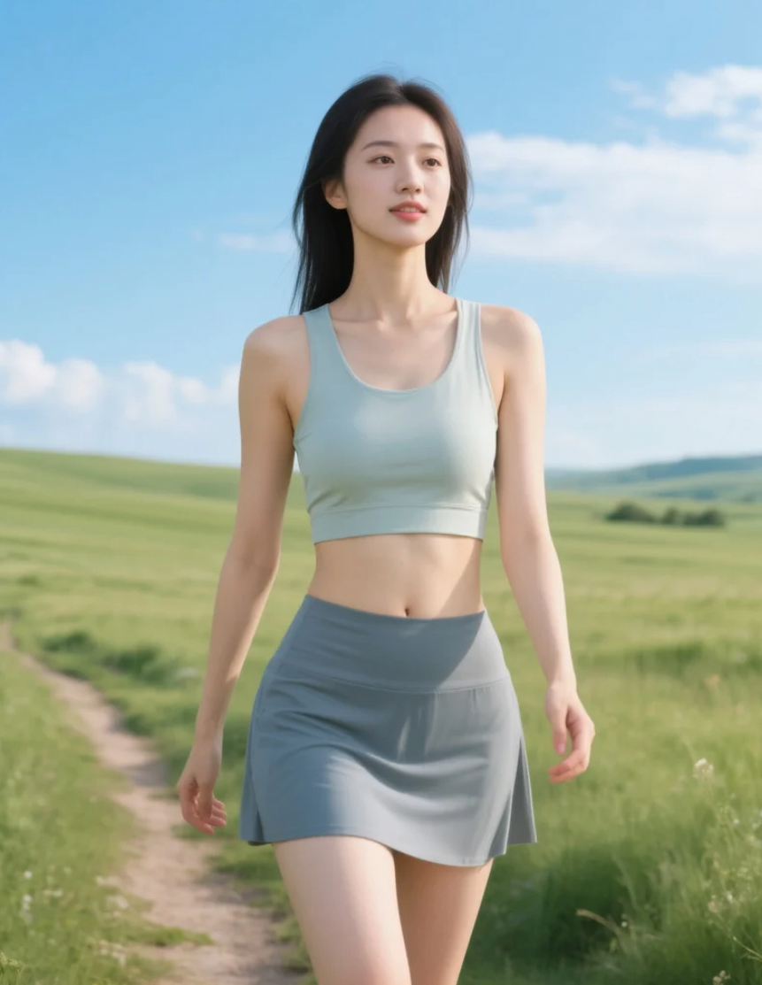 草原小径上的亚洲美女，与大地亲密接触的自由之旅