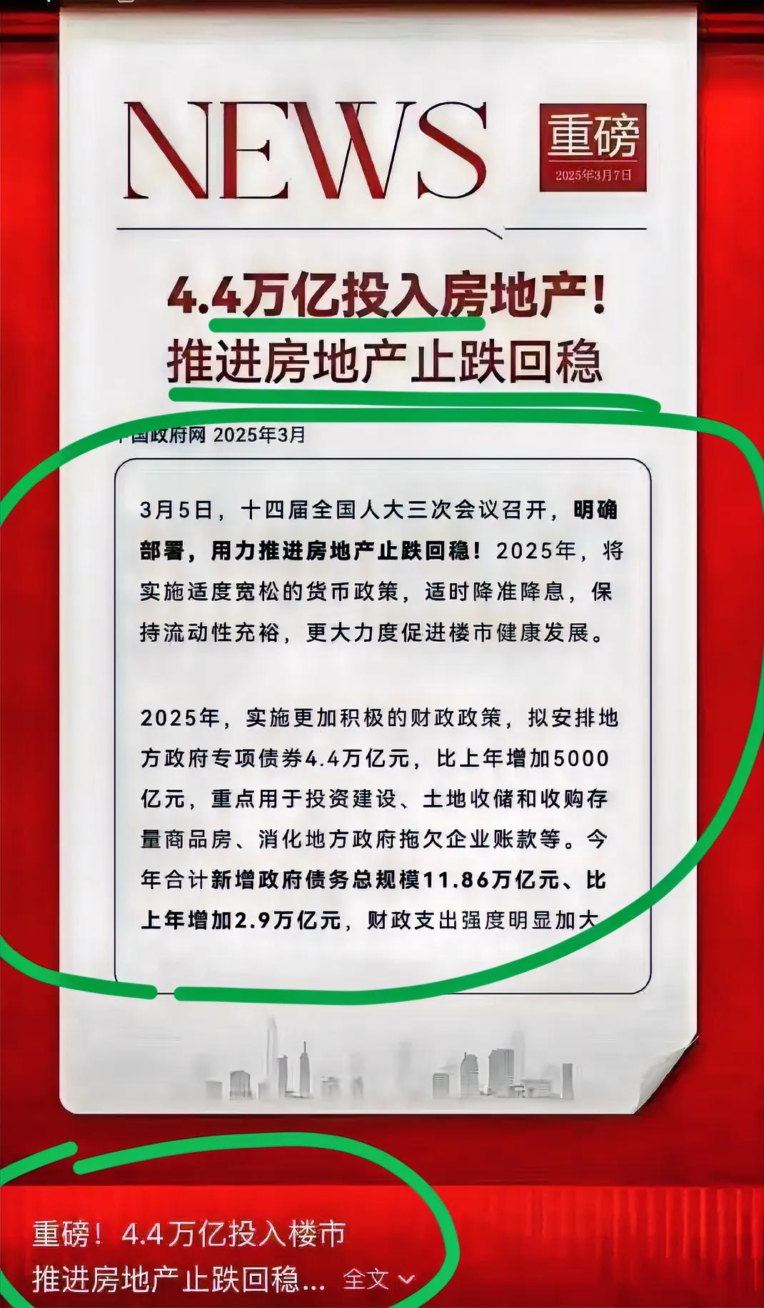 经济恢复大有希望了，4.4万亿进房地产了！一定要让房地产止跌回稳…这个决心很